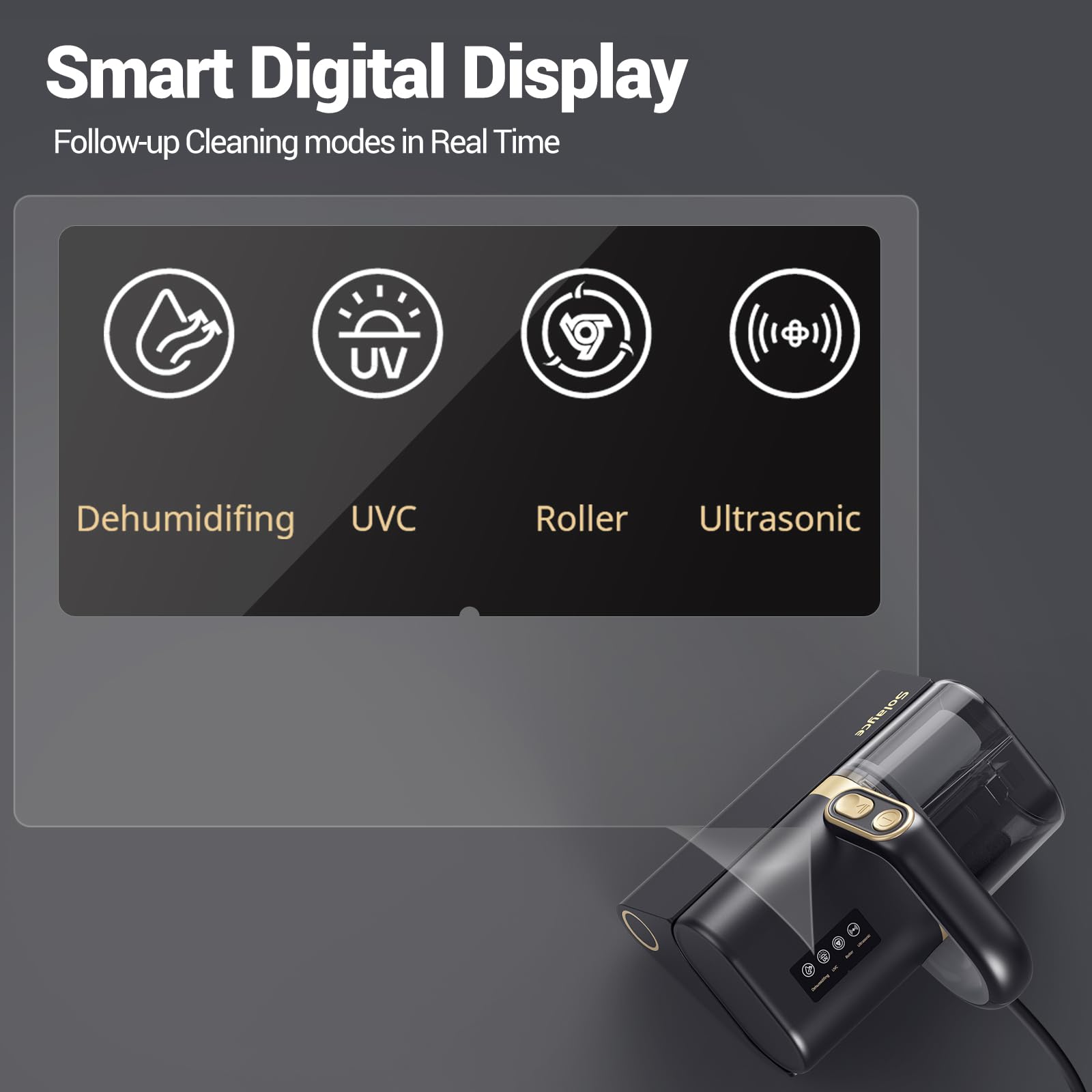 Smart Digital Display, Follow-up Cleaning modes in Real Time, UVC, Dehumidifying, Roller, Ultrasonic