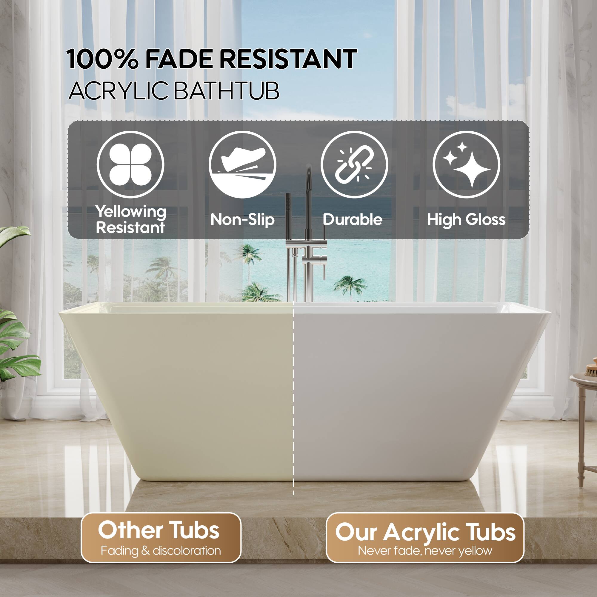 100% FADE RESISTANT ACRYLIC BATHTUB

Yellowing Resistant
Non-Slip
Durable
High Gloss

Other Tubs
Fading & discoloration

Our Acrylic Tubs
Never fade, never yellow