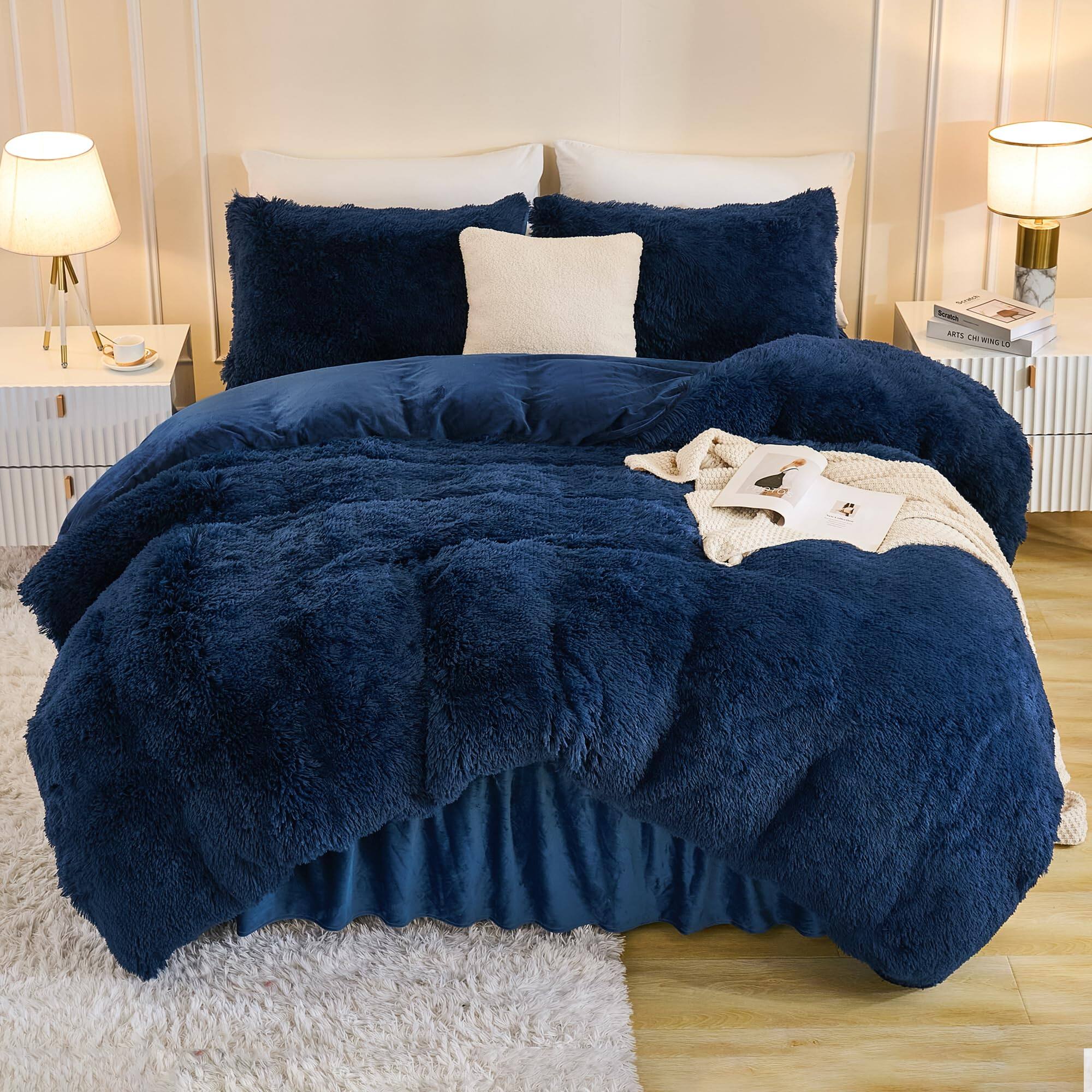 Stylel Star - Fluffy Navy Blue Comforter Set King Size 3 Pieces Winter Faux Warm Soft Fuzzy Plush Bedding (1 & 2 Pillowcases) - 08 - Navy Blue-King (104*90 in)