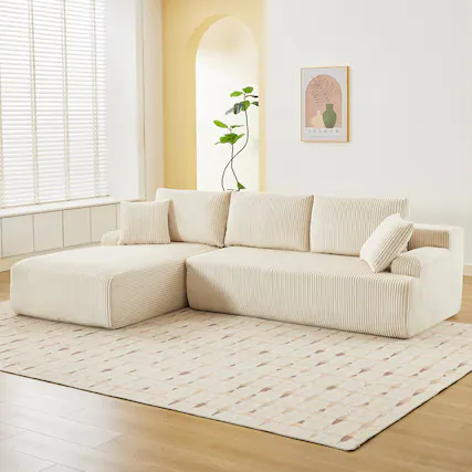 Front. Babevy - 106" Modular L-Shaped Cloud Couch, Deep Seat Corduroy Sectional Sofa with Memory Foam, L/R Facing Chaise - Beige.