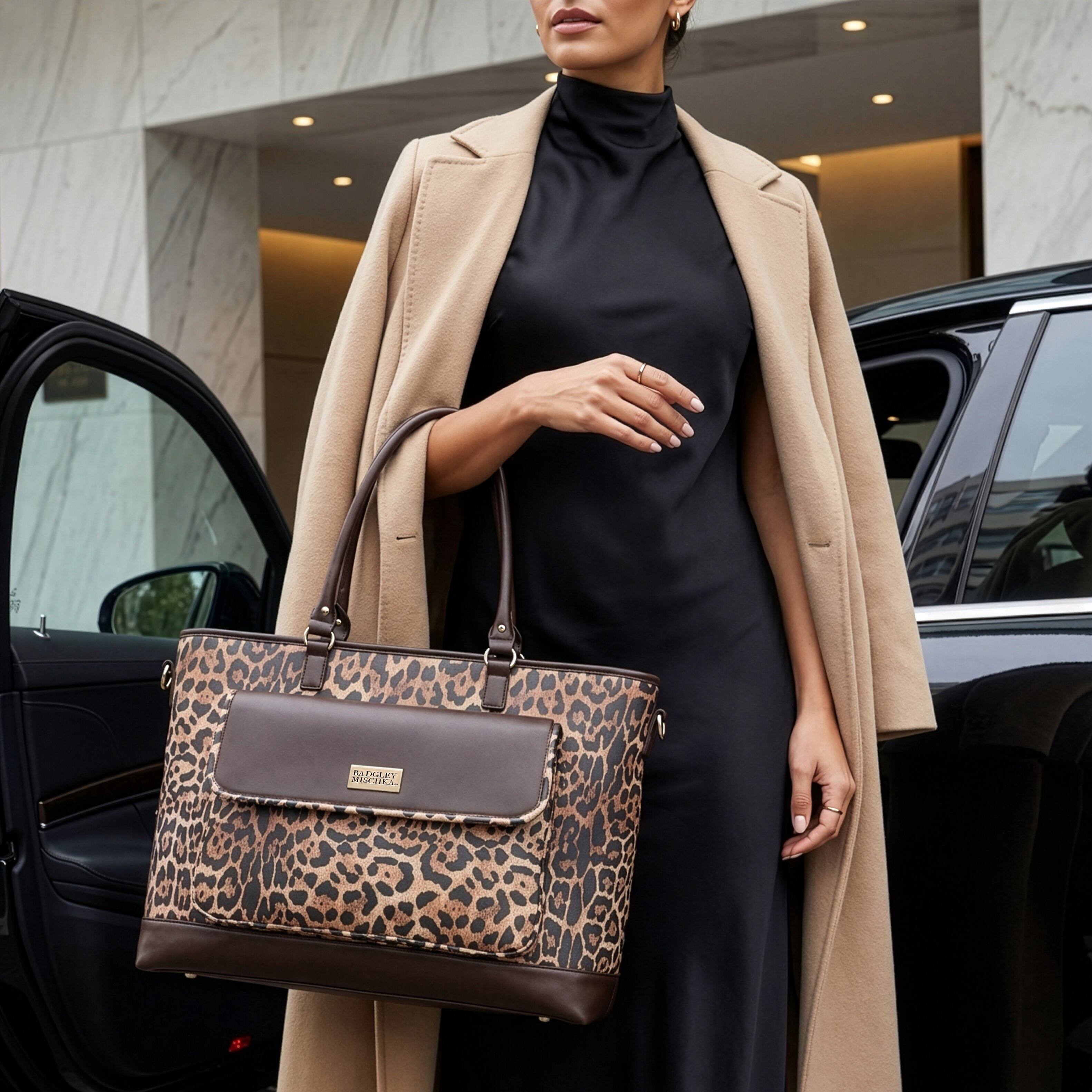 Alt View 6. Badgley Mischka - BADGLEY MISCHKA Leopard Lux Weekender Bag, Vegan Leather Duffel with Trolley Sleeve - Brown.