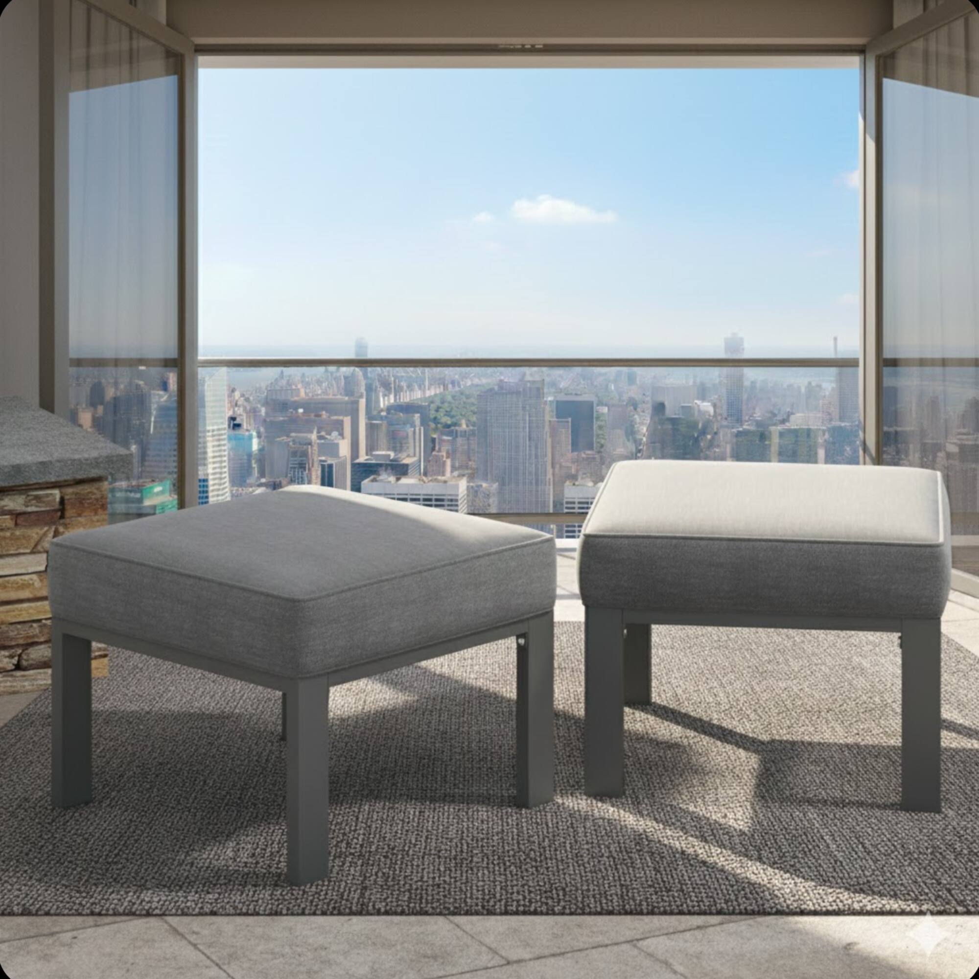 Left. Mondawe - Set of 2,  22” All-Weather Metal Patio Ottomans Thick Gray Cushions & Gray Frame - Gray.