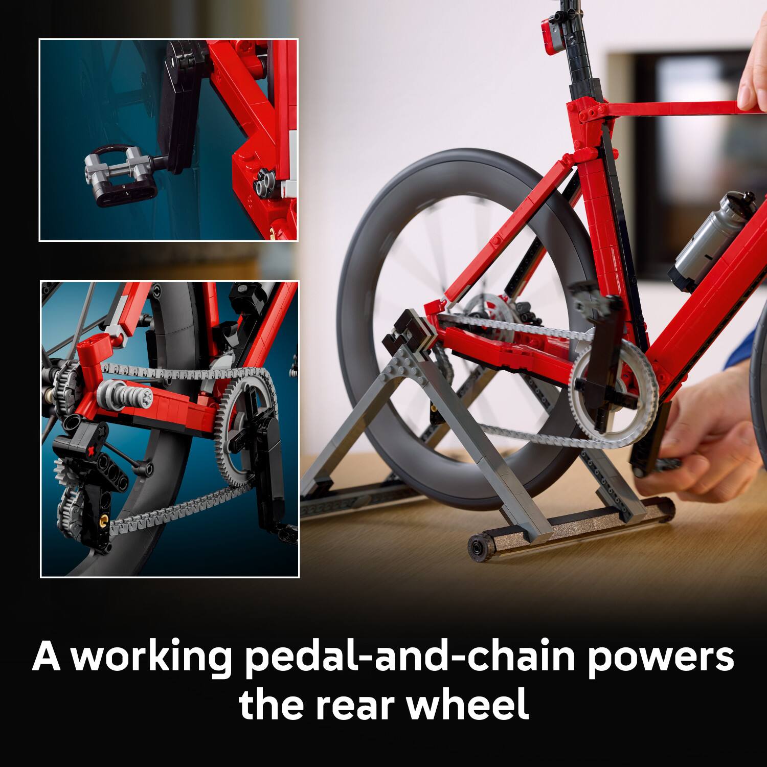 A working pedal-and-chain powers the rear wheel