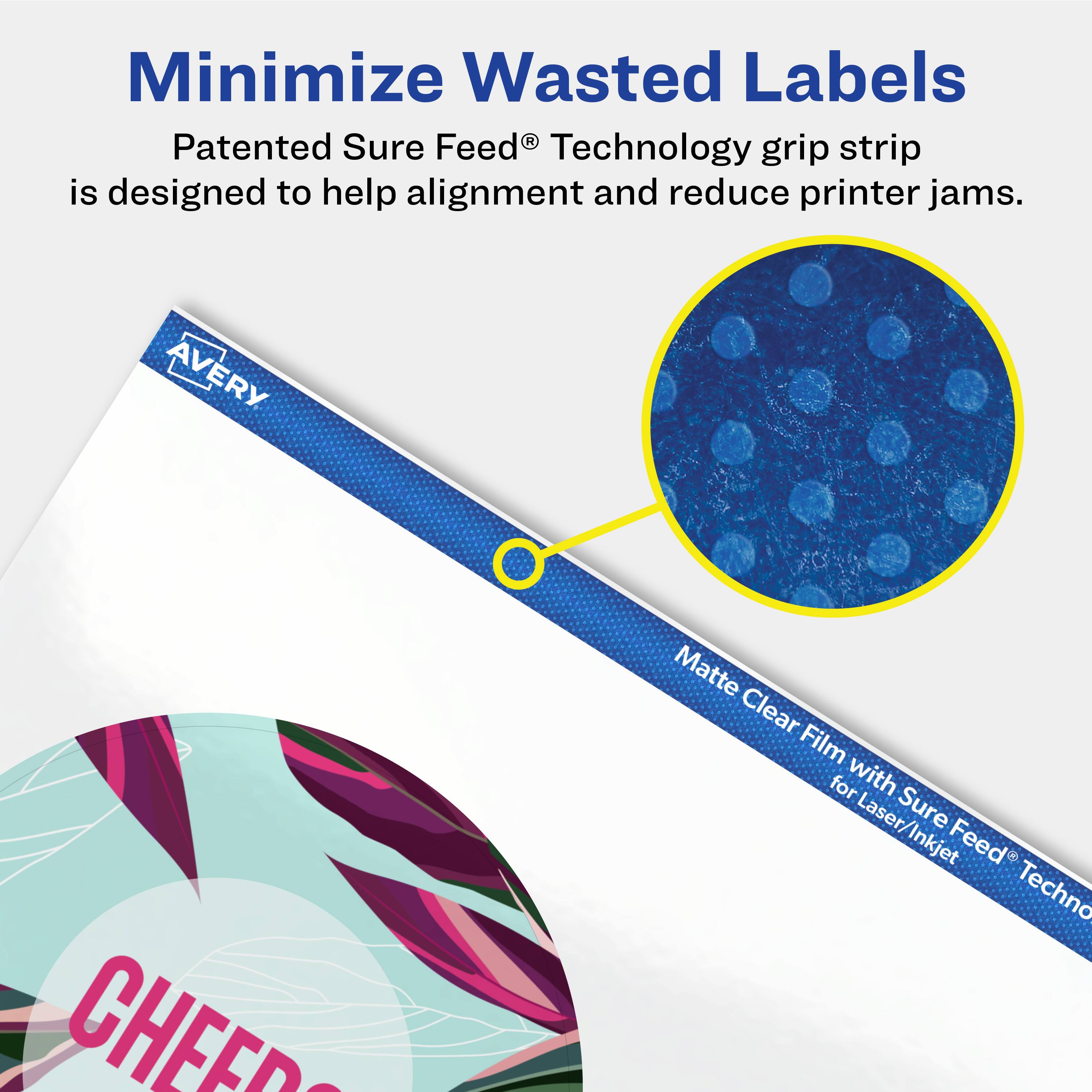 Minimize Wasted Labels

Patented Sure Feed® Technology grip strip is designed to help alignment and reduce printer jams.

AVERY CHEERS Matte Clear Film for Laser/Inkjet with Sure Feed® Technology