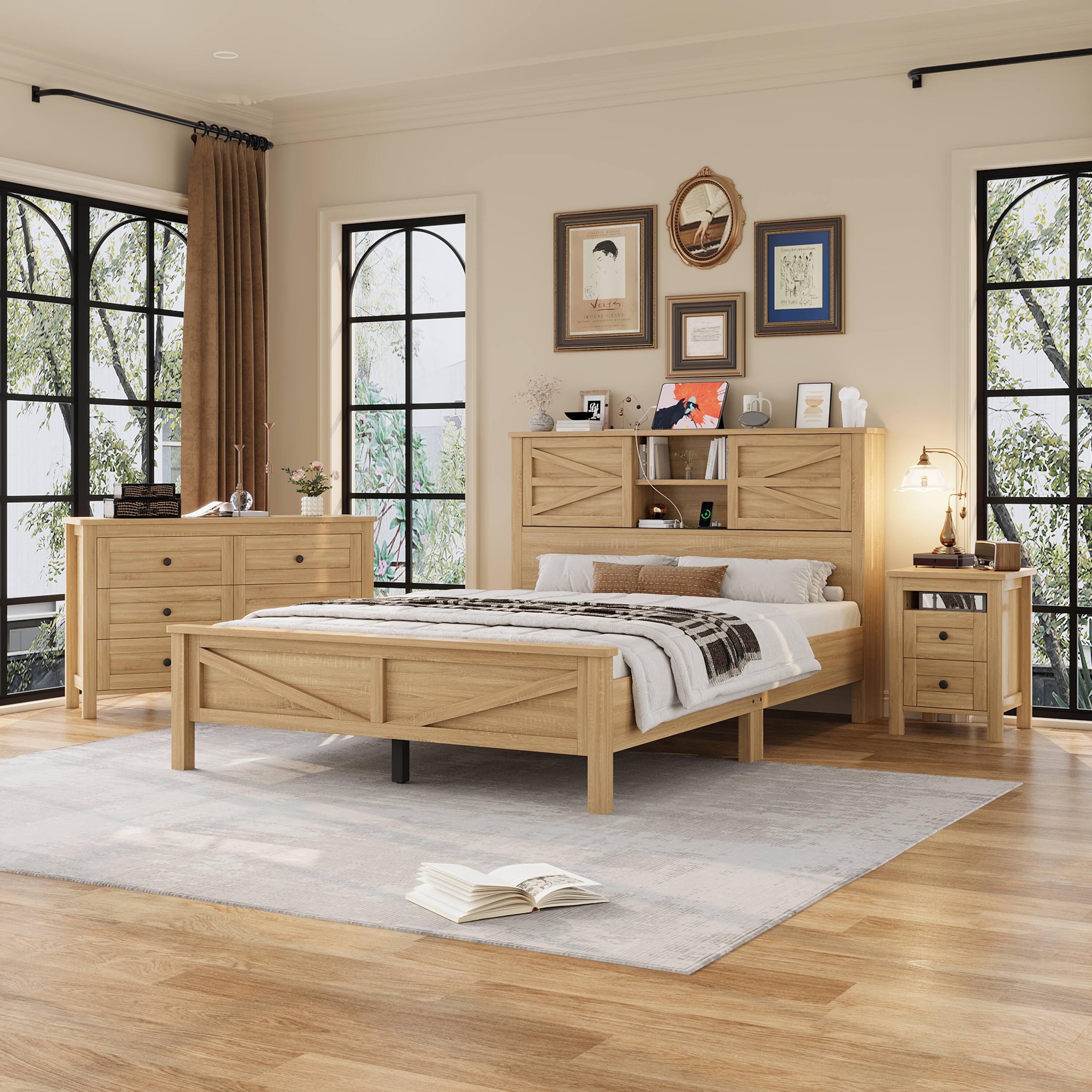 Angle. Anysun - 3-Piece Farmhouse Bedroom Set, Queen Size Platform Bed with Sliding Door Storage Headboard, Storage Nightstand & Dresser - Natural.