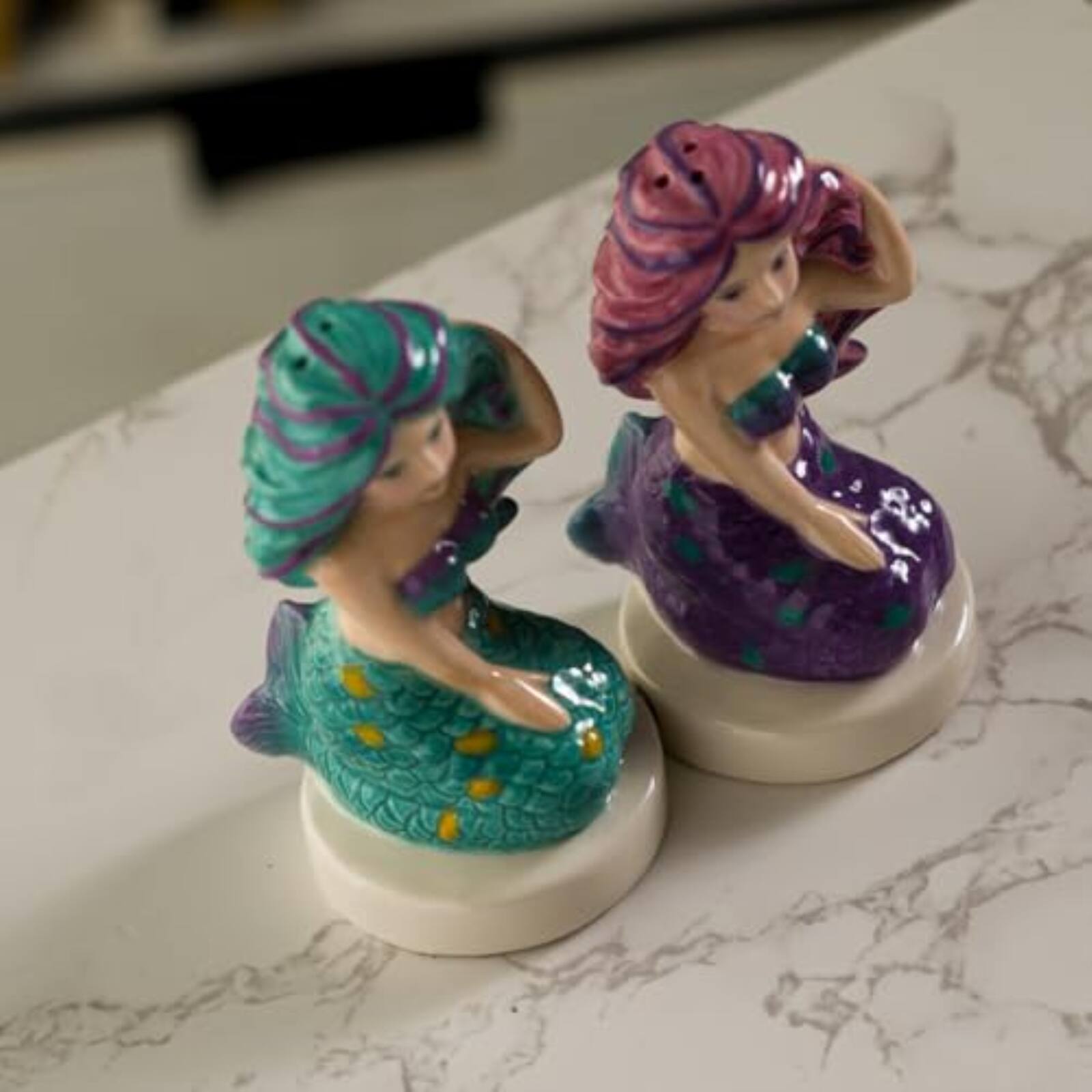 Left. Pacific Trading - Seaside Serenade Mermaids Ceramic Magnetic Salt and Pepper Shaker Set - Multicolor.