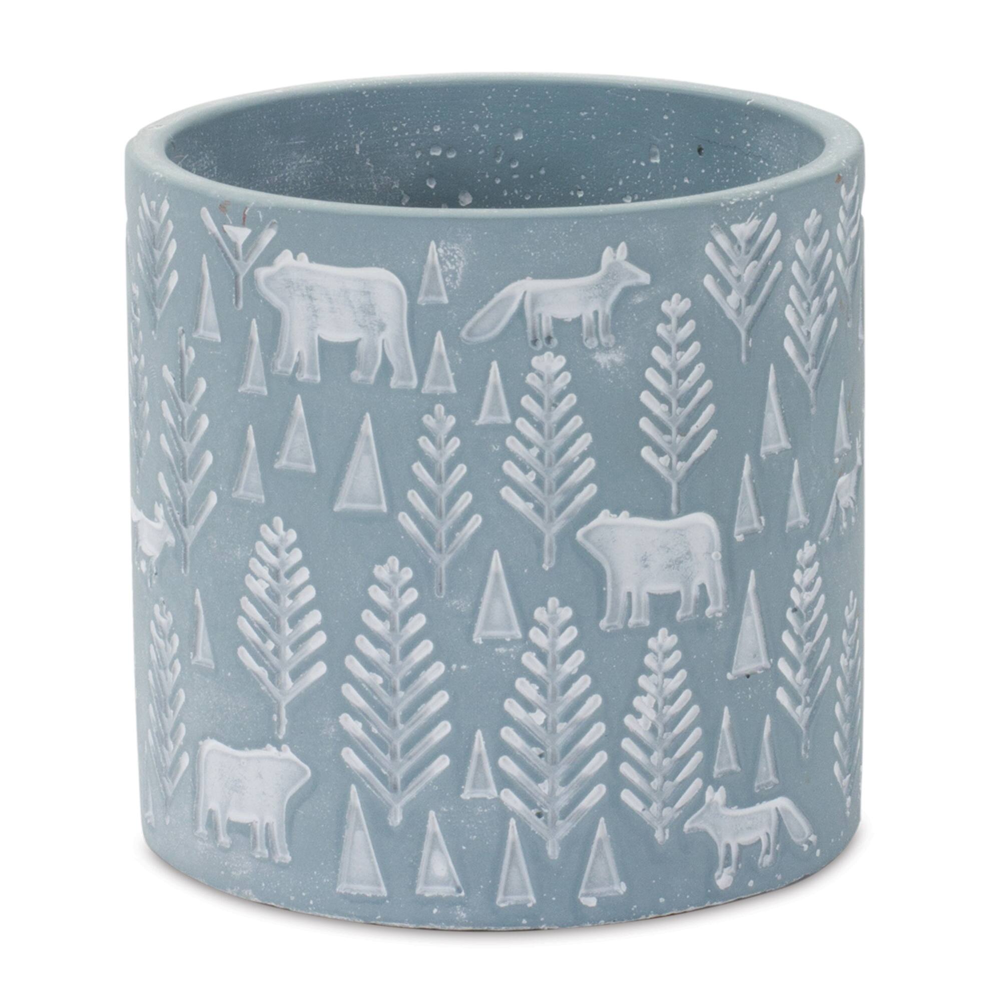 Angle. BreeBe - Woodland Winter Stone Planter (Set of 2) - Blue, White.