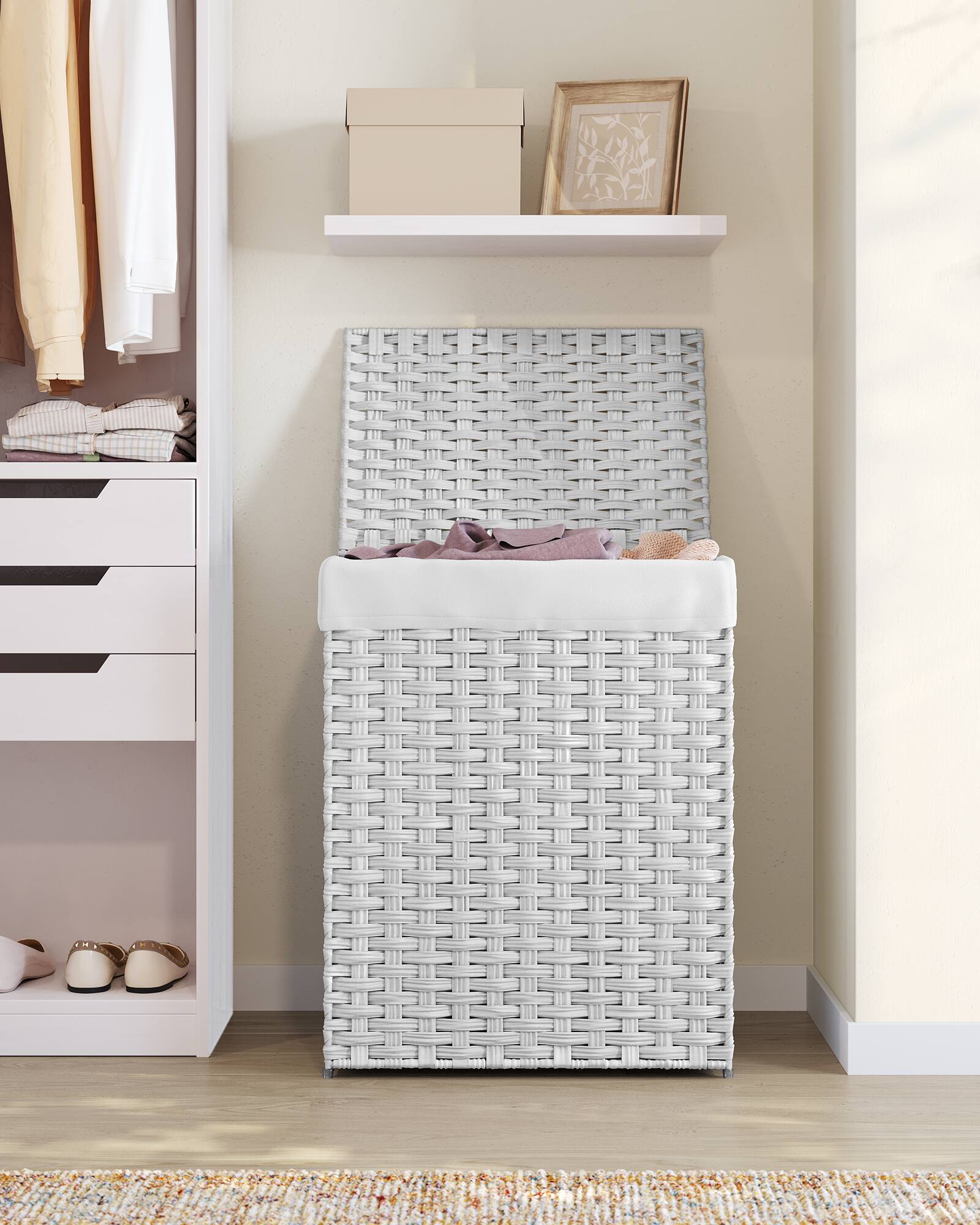Alt View 5. Songmics Home - Laundry Hamper with Lid, 23.8 Gallon (90 L) Synthetic Rattan Clothes Laundry Basket with Lid and Handles, Foldable - Cloud White.