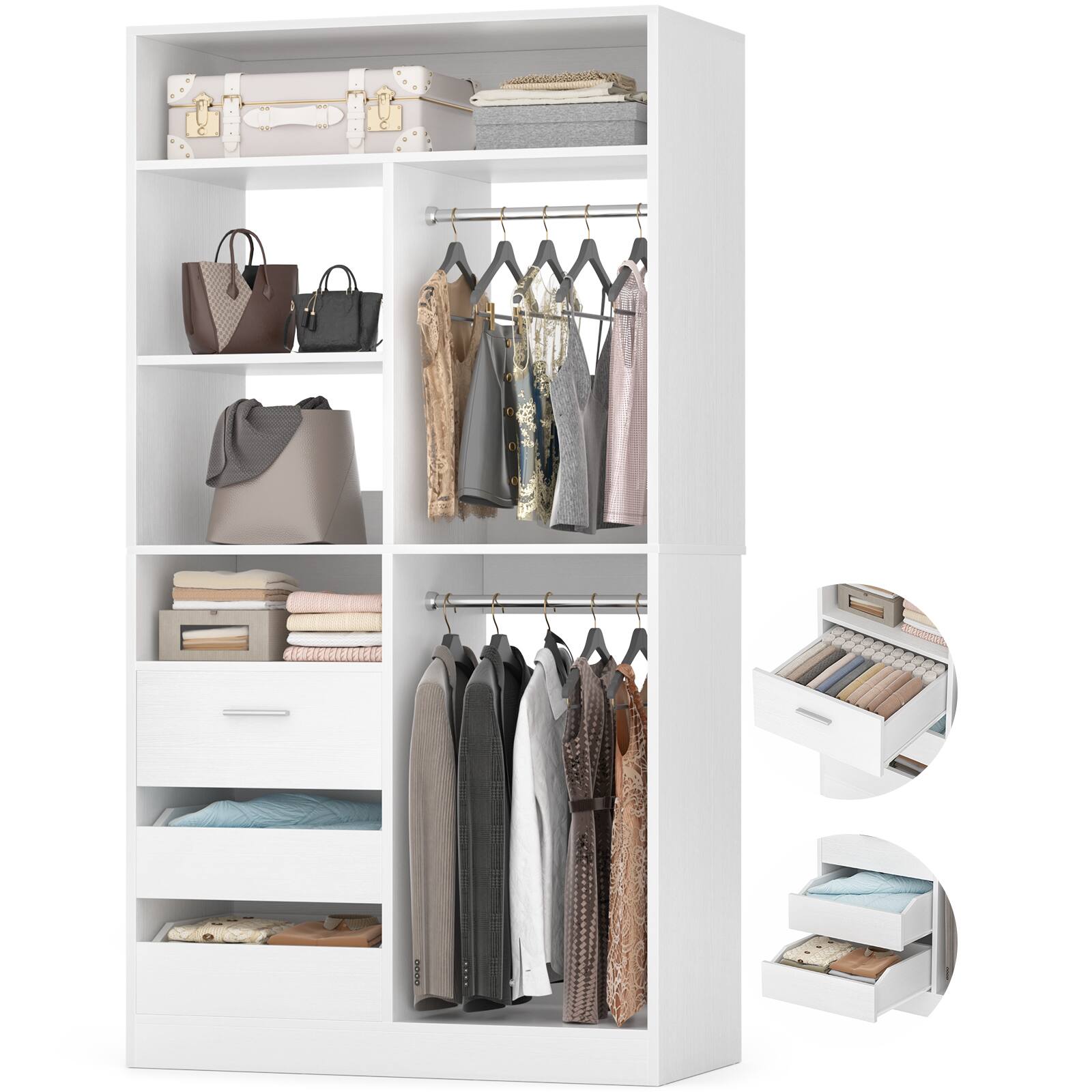Alt View 3. Aheaplus - 36" Wood Modular Walk-in Freestanding Closet Organizer: Closed/Half-Open Drawers, 6 Shelves (36" L x 15" W x 80" H) - White.