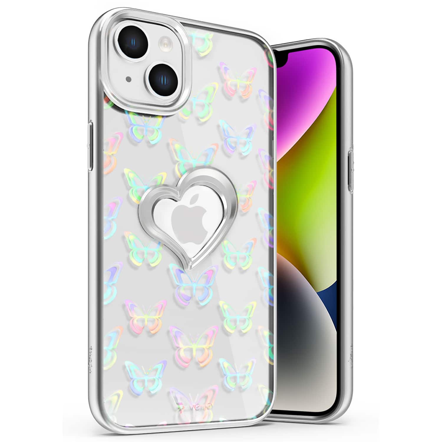 Vena - vLove Glitter Heart Case for Apple iPhone 15 Plus / iPhone 14 Plus - Butterfly - Multicolored