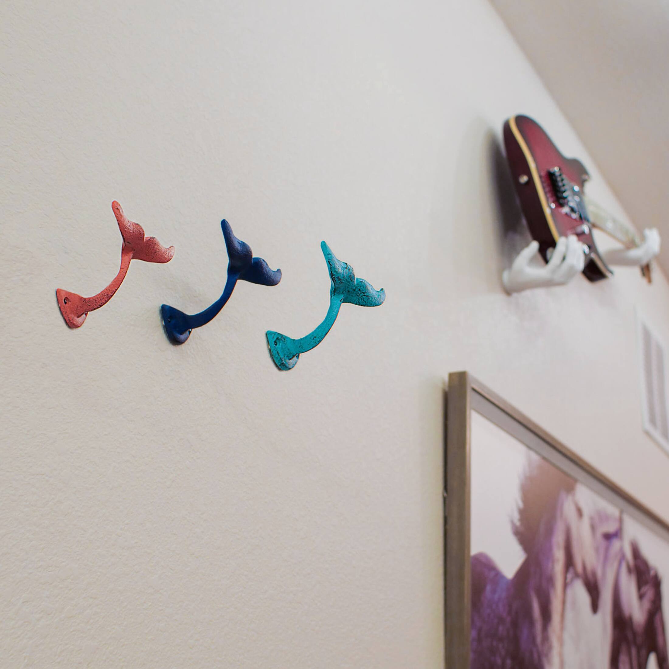 Alt View 4. Zeckos - Set of 3 Cast Iron Whale Tail Wall Hooks Coastal Nautical Distressed 5 Inch - Multicolored.