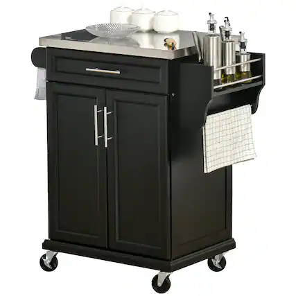 Front. Homcom - Rolling Kitchen Island on Wheels with Drawer, Spice Rack - Black.
