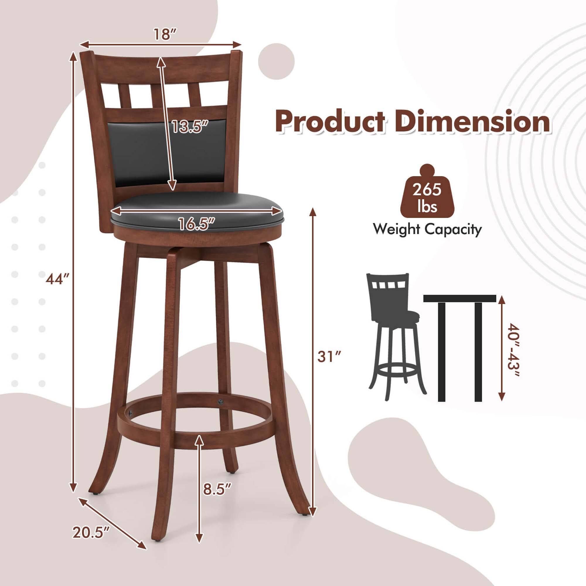 Product Dimension: 18", 13.5", 16.5", 265 lbs Weight Capacity, 44", 31", 40" - 43", 8.5", 20.5"