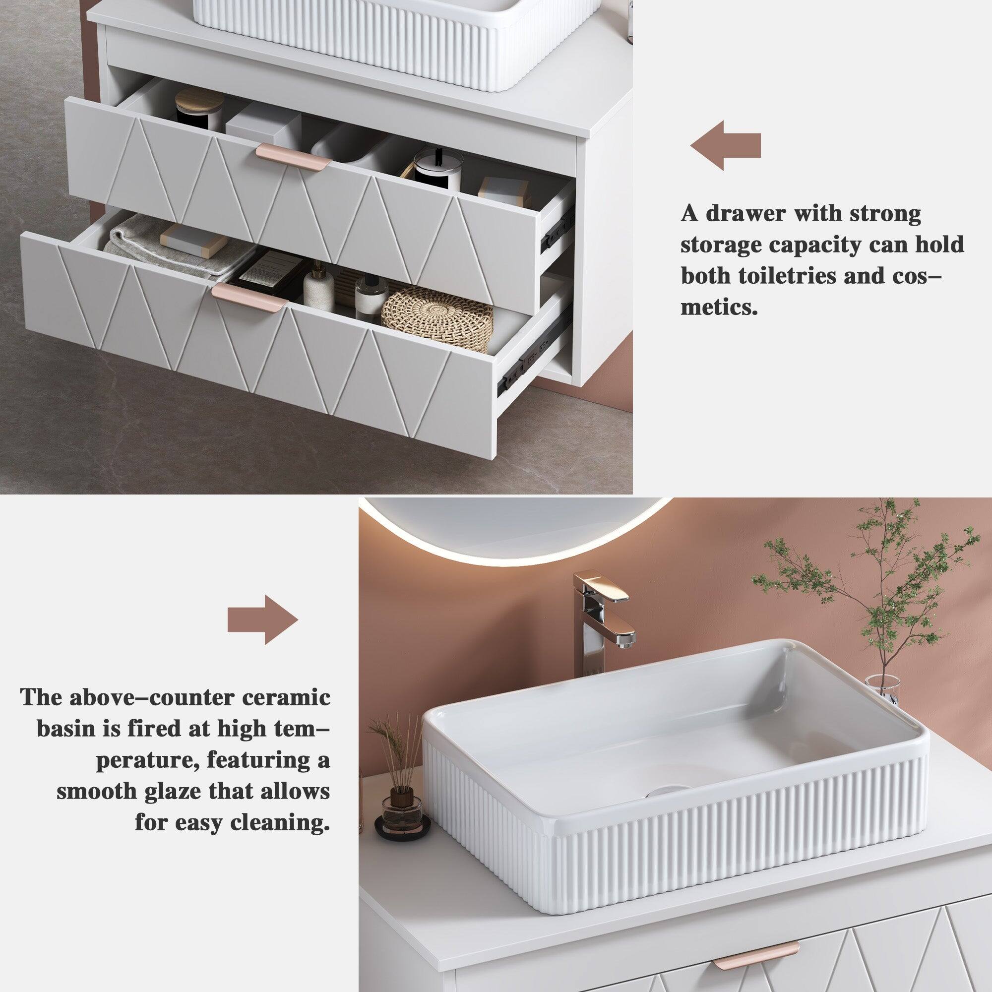 A drawer with strong storage capacity can hold both toiletries and cosmetics. The above-counter ceramic basin is fired at high temperature, featuring a smooth glaze that allows for easy cleaning.