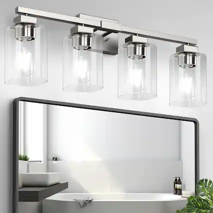Front. Nordic Hygge - 27-Inch Modern Black 4-Light Vanity Bathroom Light in Nickel - Nickel.