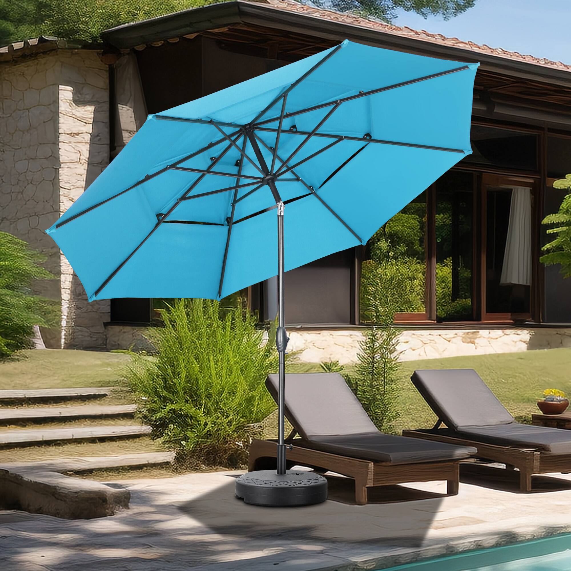 Back. Ainfox - Ainfox 10 FT Patio Umbrella 3 Tiers Outdoor Market Umbrella with Crank and Tilt for Garden Lawn Backyard Pool - Blue.