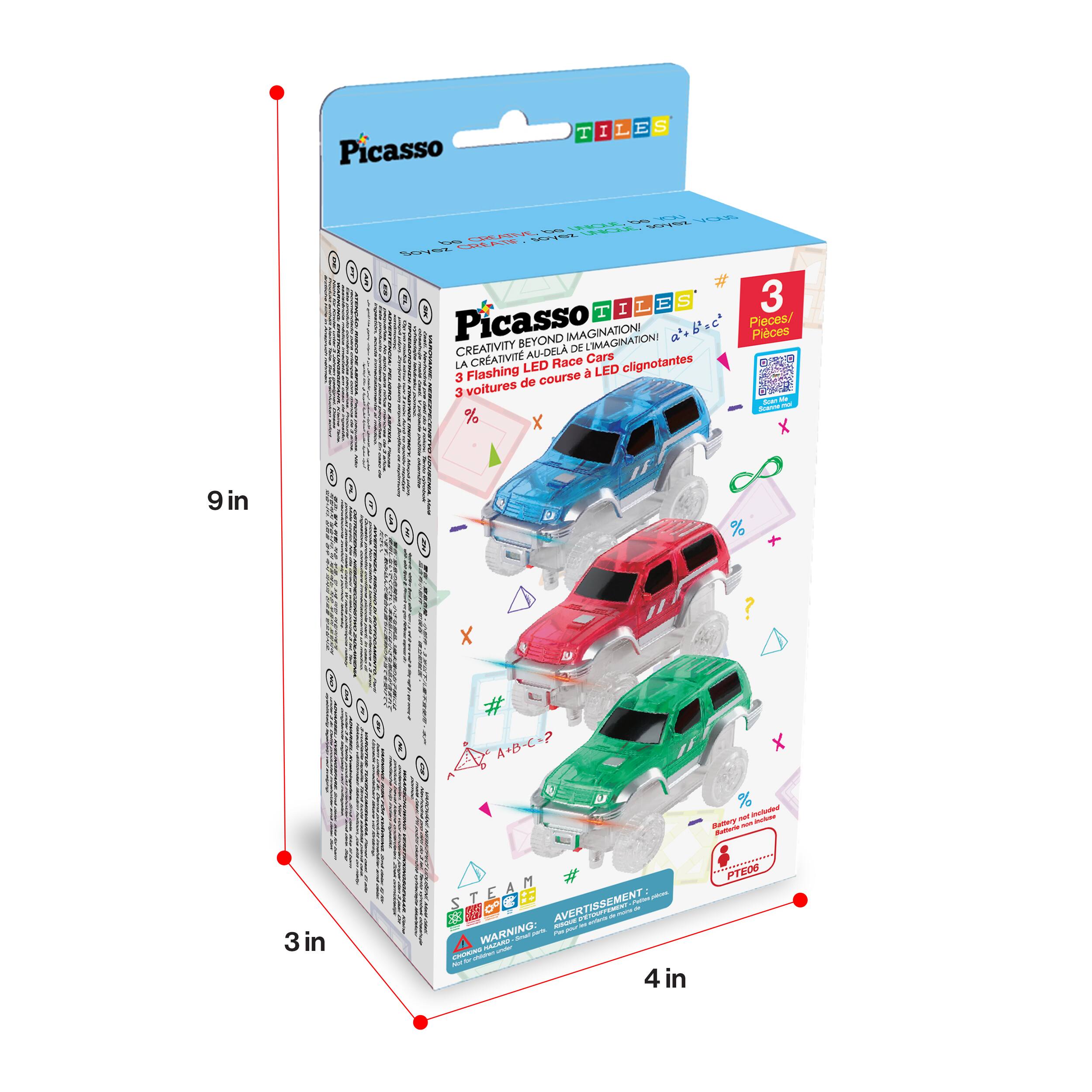 Picasso TILES

Picasso BEYOND IMAGINATION!

Creativity Beyond Imagination!  
La Créativité Au-Delà de l'Imagination!

3 Flashing LED Race Cars  
3 voitures de course à LED clignotantes

Pieces / Pièces

STEAM

WARNING:  
AVERTISSEMENT:

9 in  
3 in  
4 in