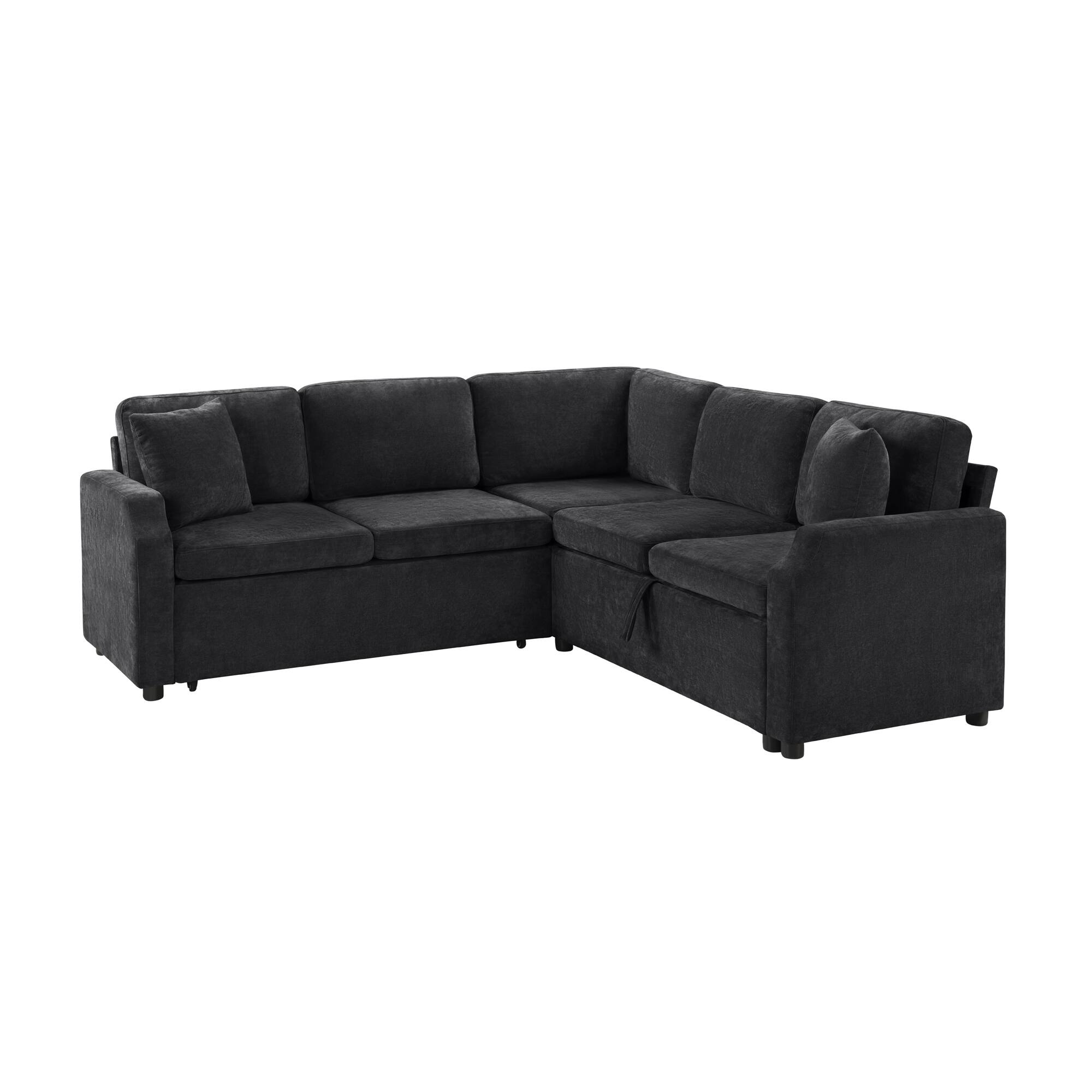 Left. Whisen - Upholstered L-Shaped Sectional Sofa Bed with Pull-Out Sleeper & Storage for Living Room - Black.