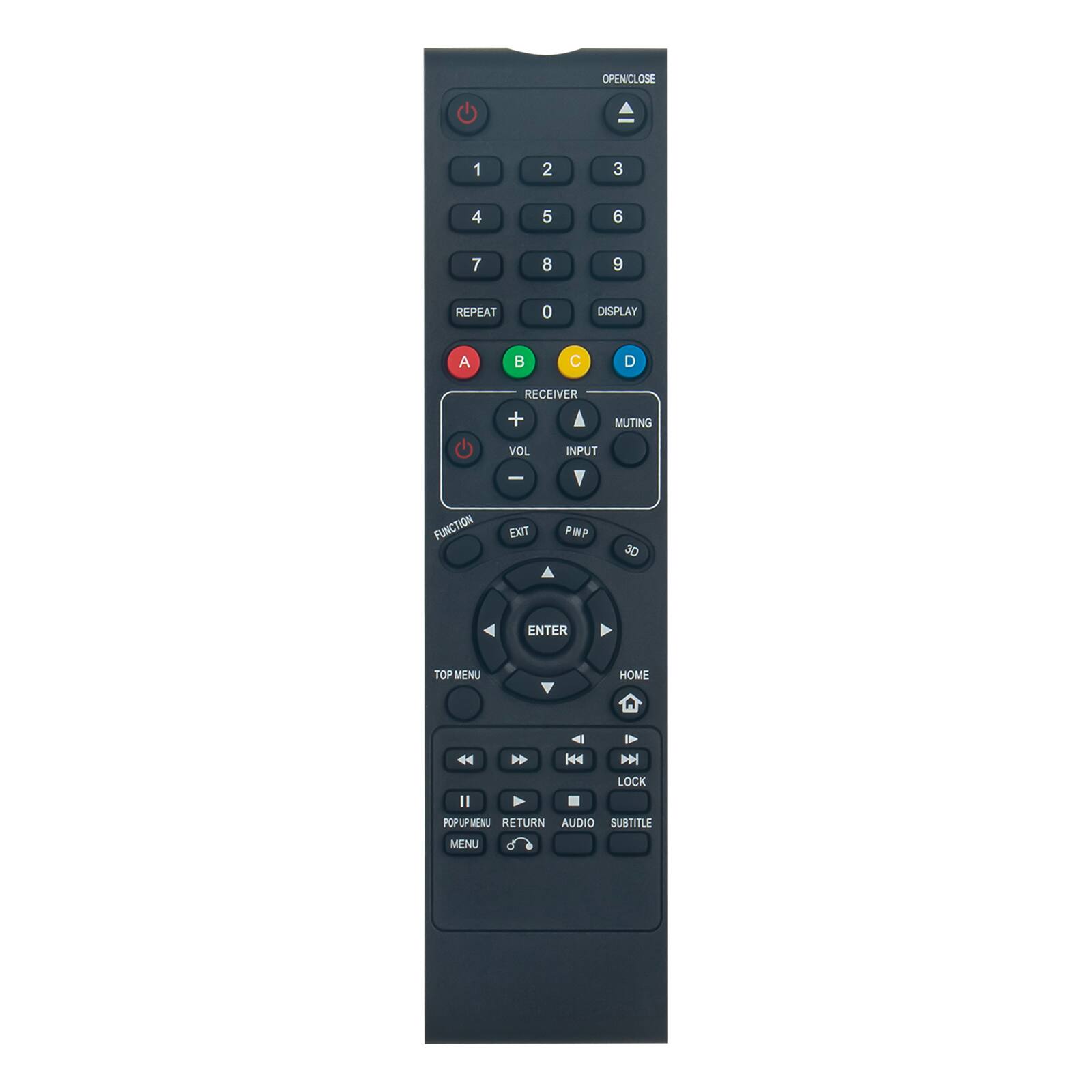 OPEN/CLOSE

1
2
3
4
5
6
7
8
9
REPEAT
0
DISPLAY

A
B
C
D

RECEIVER
MUTING
VOL
INPUT
FUNCTION
EXIT
PINP
3D
ENTER
TOP MENU
HOME

W LOCK
II
POP UP MENU
RETURN
AUDIO
SUBTITLE