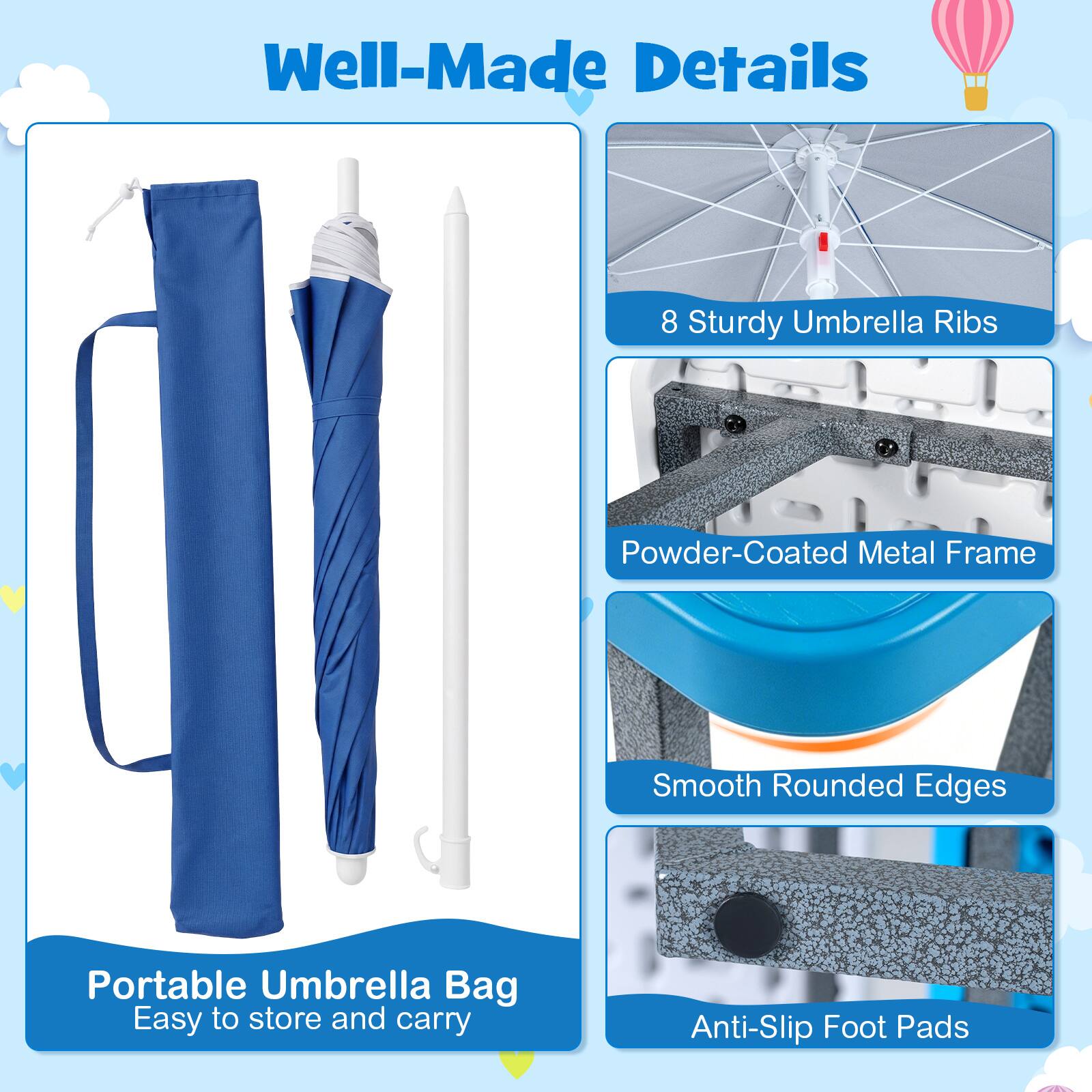 Well-Made Details

- 8 Sturdy Umbrella Ribs
- Powder-Coated Metal Frame
- Smooth Rounded Edges
- Anti-Slip Foot Pads

Portable Umbrella Bag
Easy to store and carry