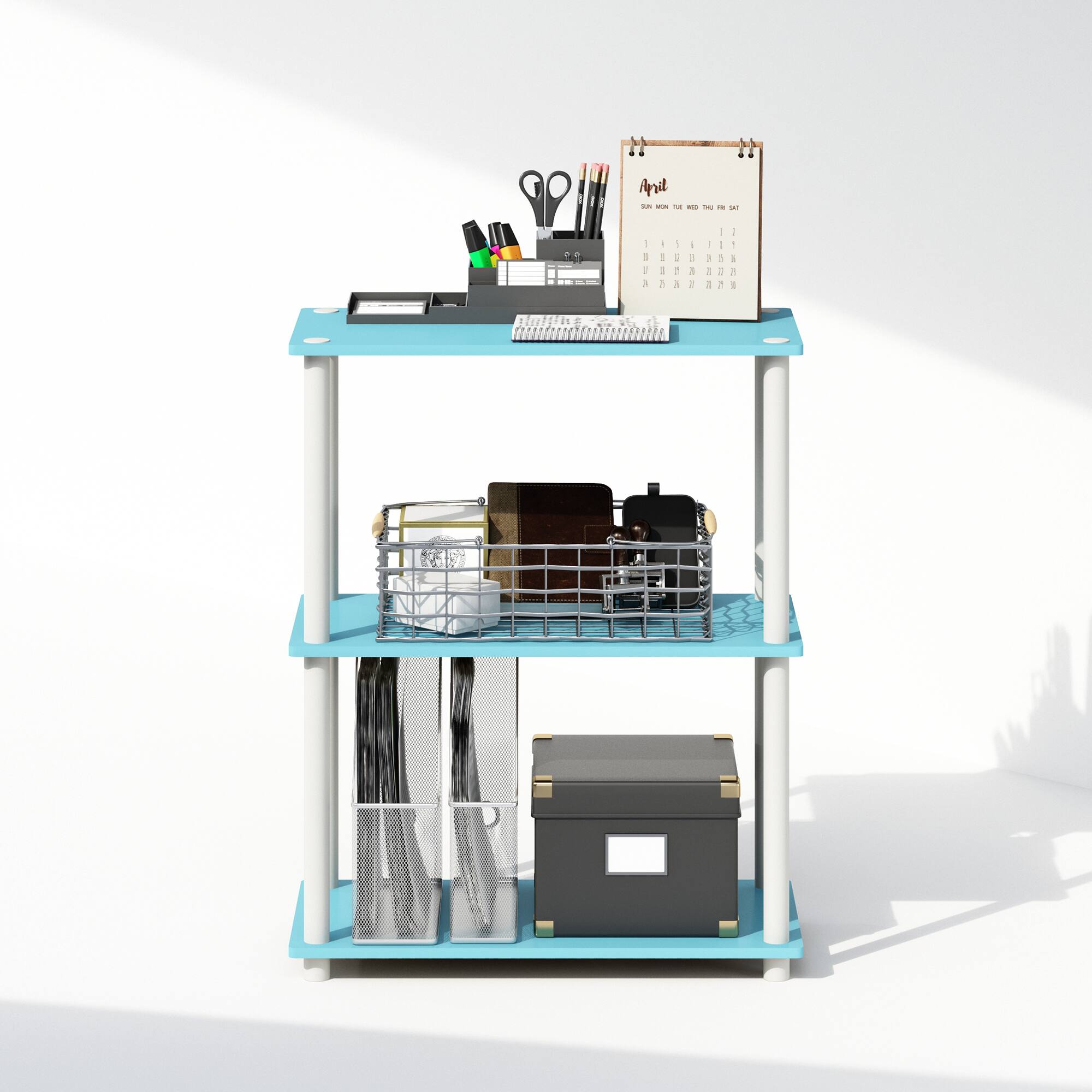 Alt View 3. Furinno - Turn-N-Tube 3-Tier Multipurpose Compact Display Rack, Shelving Unit, Bookcase - Light Blue/White.