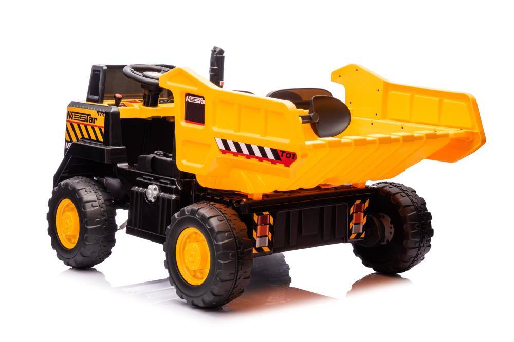 Angle. BreeBe - 24V Electric Kids Ride On Car w/ Remote, 2-Seater, 24" Wide Engineering Vehicle, Battery Powered, LED Lights - Yellow.