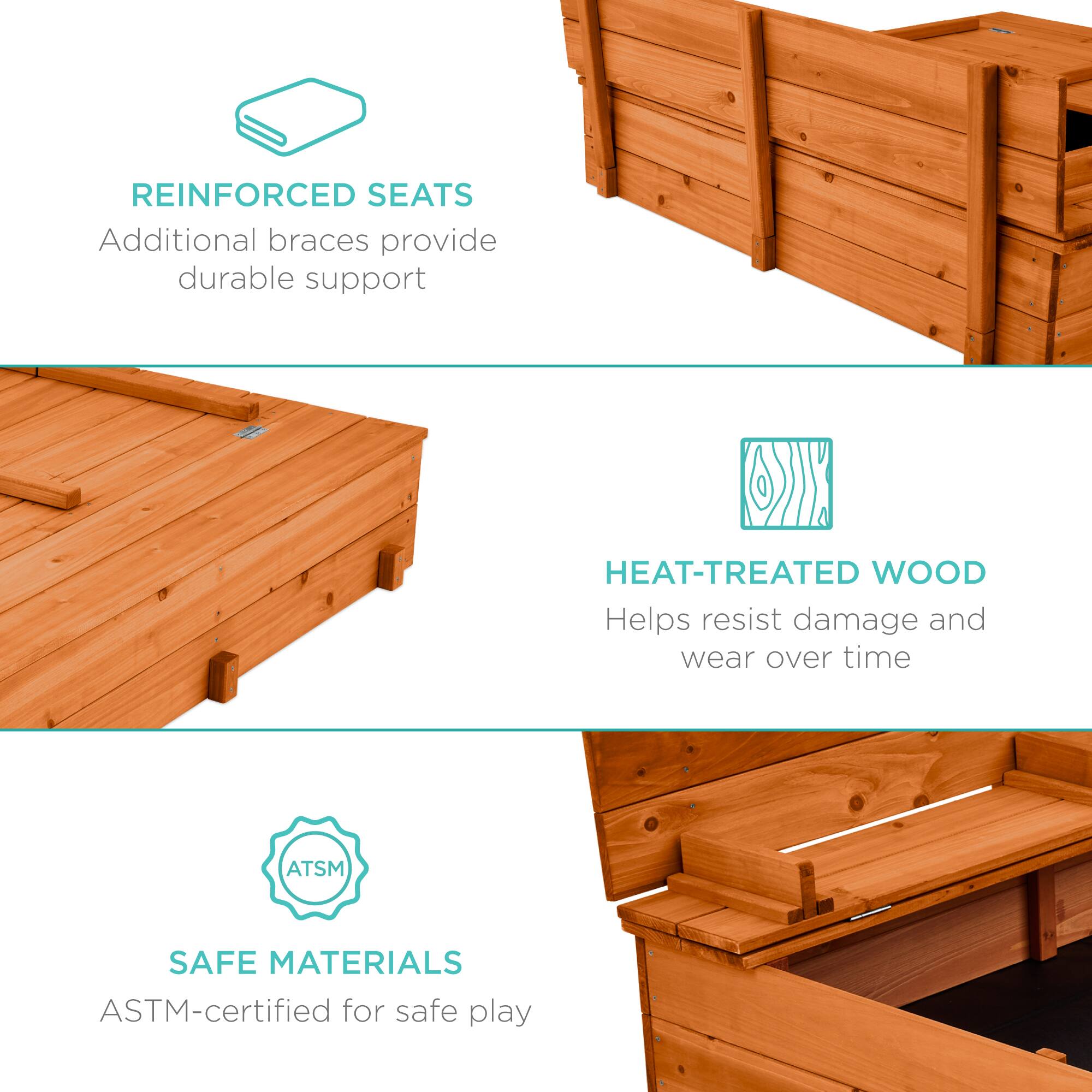 REINFORCED SEATS: Additional braces provide durable support.  
HEAT-TREATED WOOD: Helps resist damage and wear over time.  
SAFE MATERIALS: ASTM-certified for safe play.