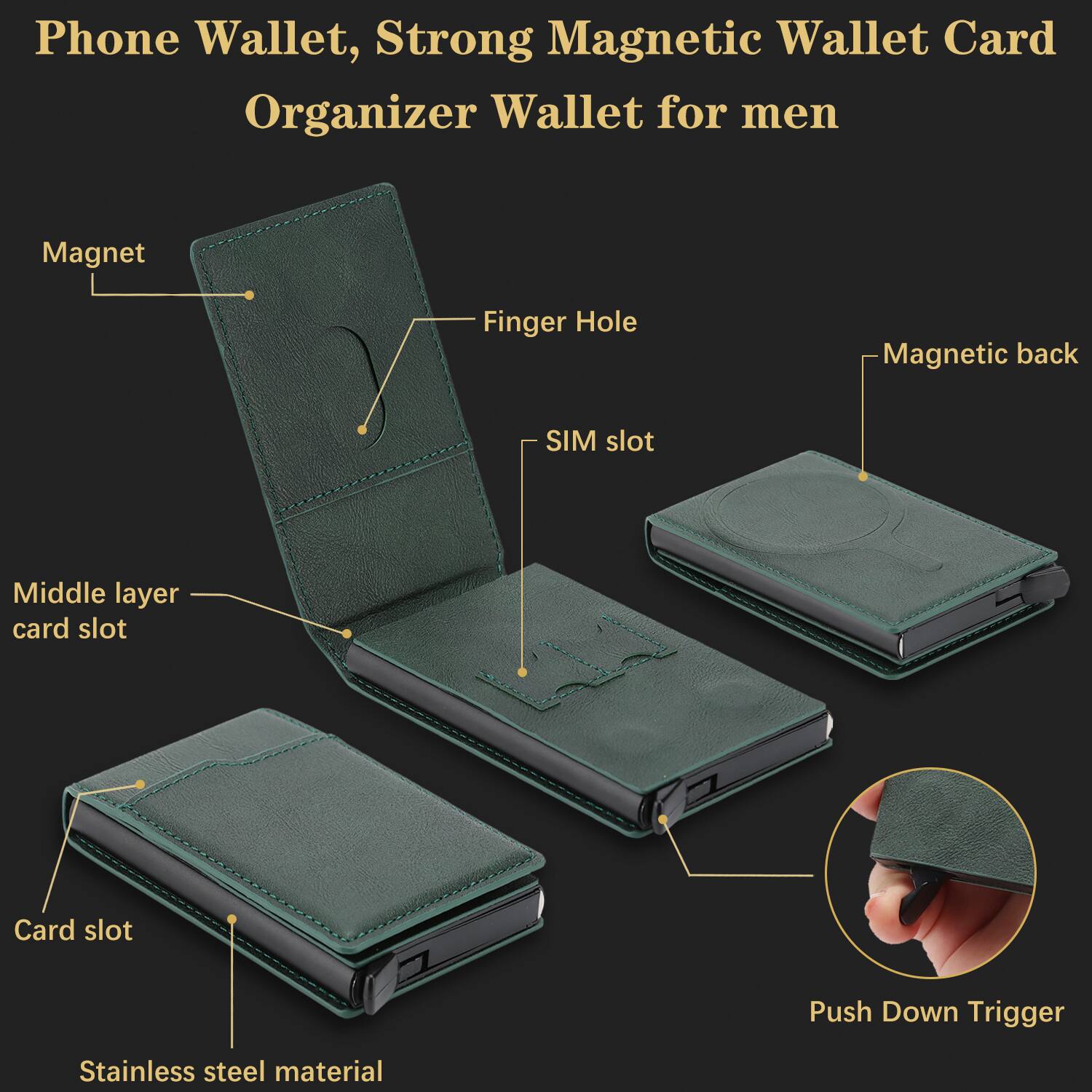 Phone Wallet, Strong Magnetic Wallet Card Organizer Wallet for men

- Magnet
- Finger Hole
- SIM slot
- Magnetic back
- Middle layer card slot
- Card slot
- Stainless steel material
- Push Down Trigger