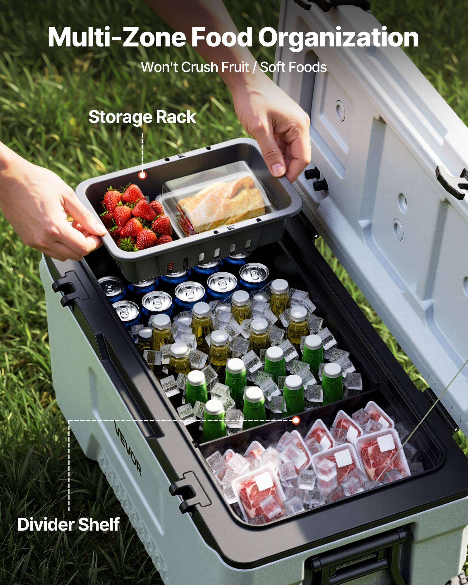 Multi-Zone Food Organization  
Won't Crush Fruit / Soft Foods  
Storage Rack  
Divider Shelf