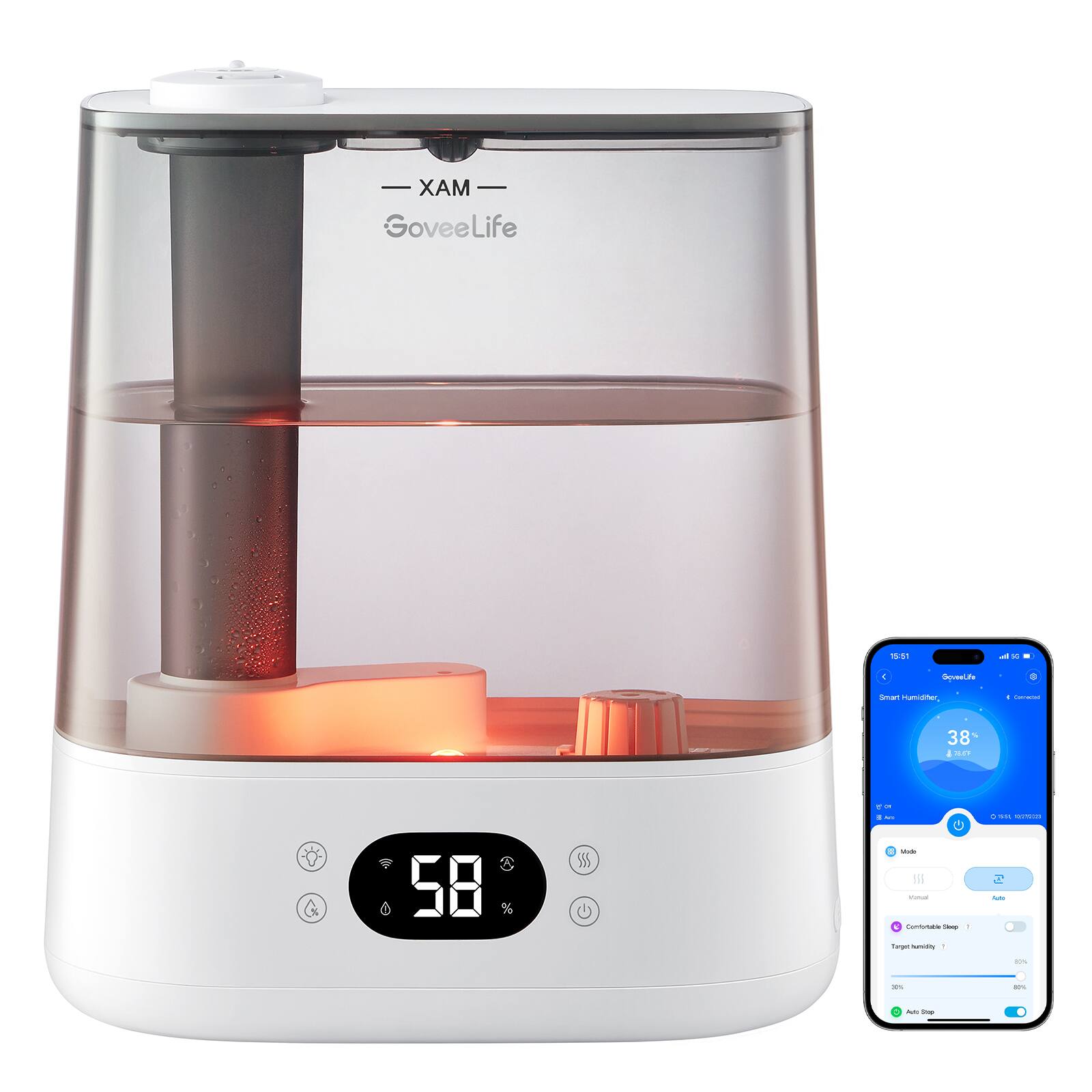 - MAX GoveeLife
- XAM
- GoveeLife
- 58%
- Smart Humidifier
- 38%
- Target Humidity
- 50%
- Auto Sleep