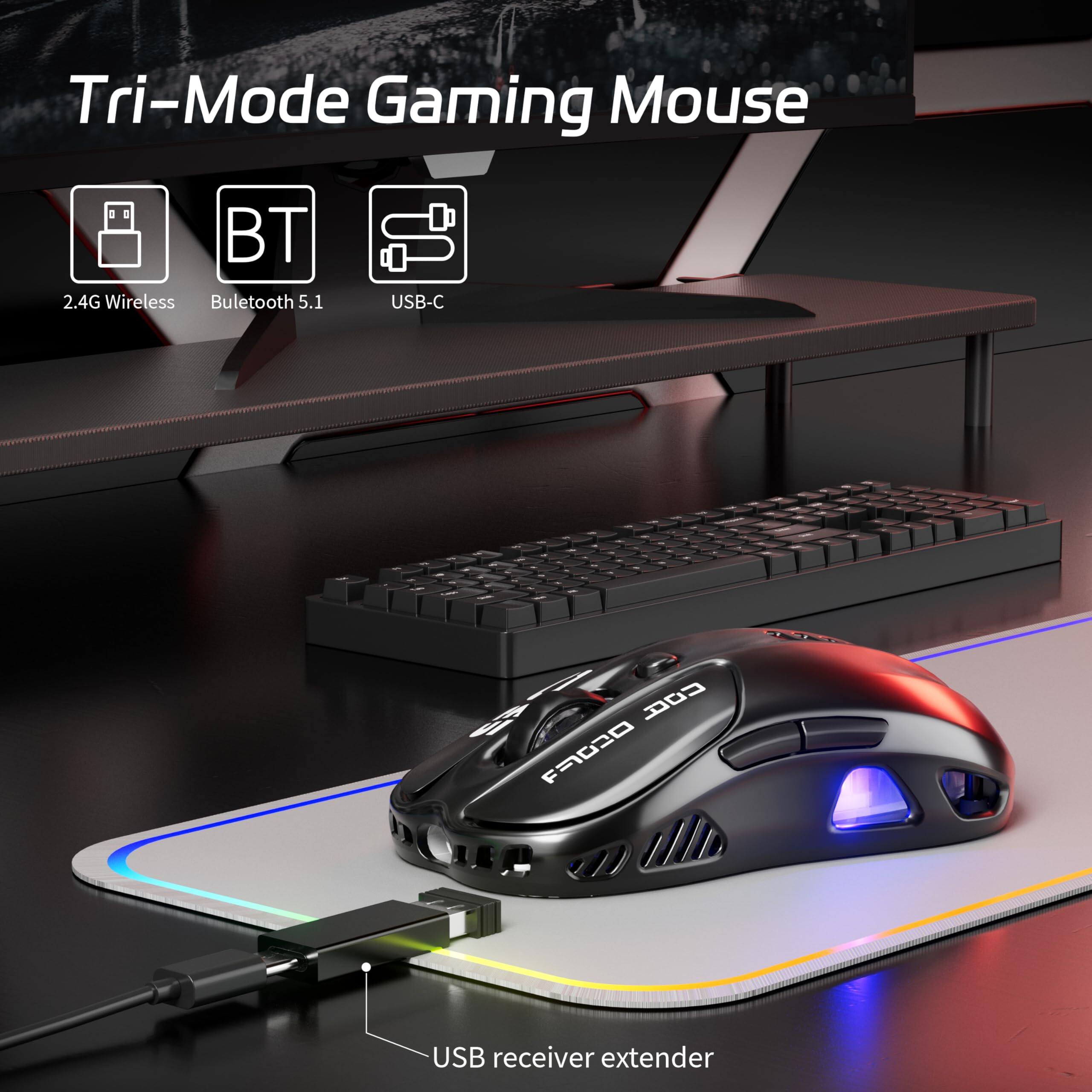 Tri-Mode Gaming Mouse

- 2.4G Wireless
- Bluetooth 5.1
- USB-C

USB receiver extender