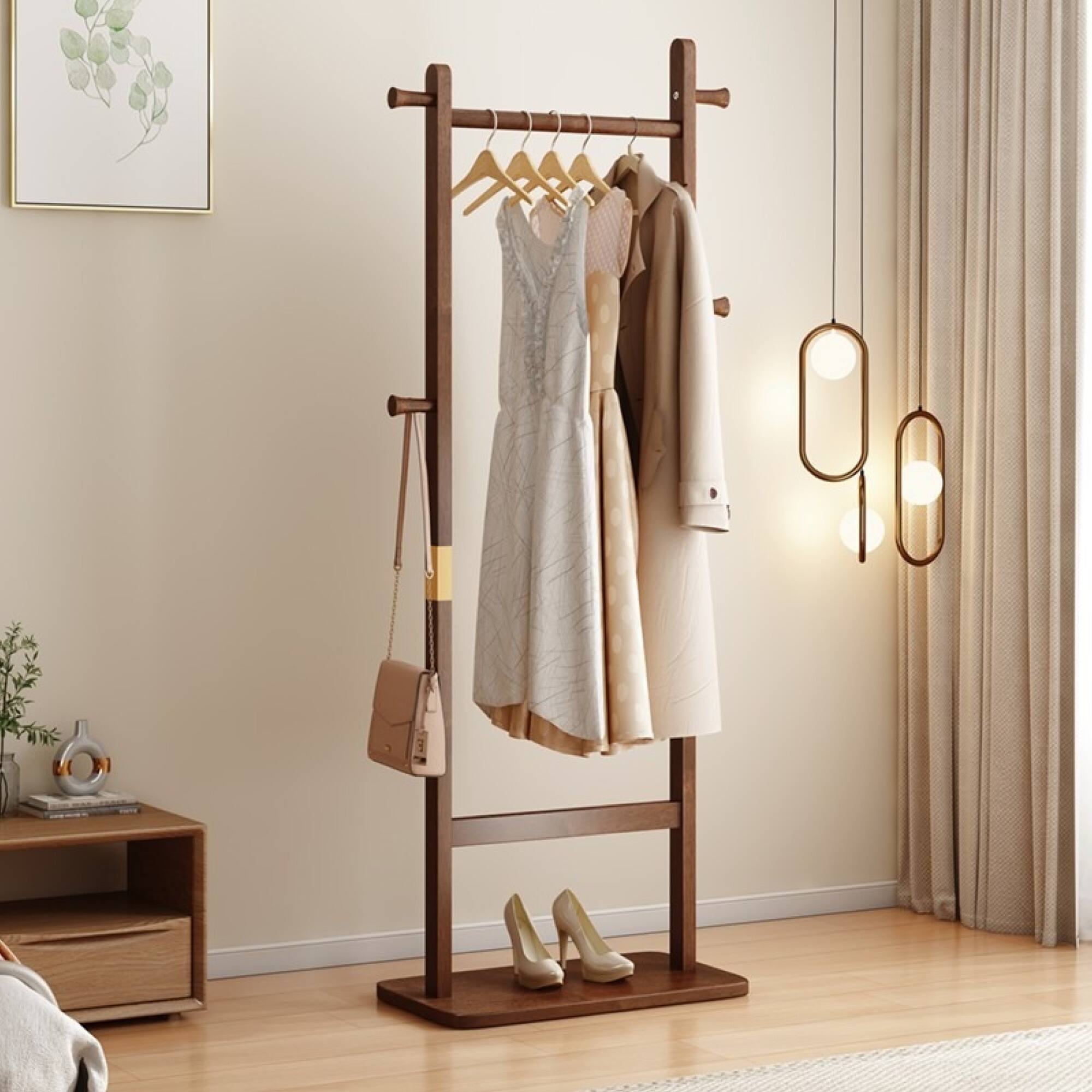 Front. GOODSILO - Solid Wood Coat Rack Stand with Multiple Hooks for Bedroom Entryway Living Room Organization - Walnut.