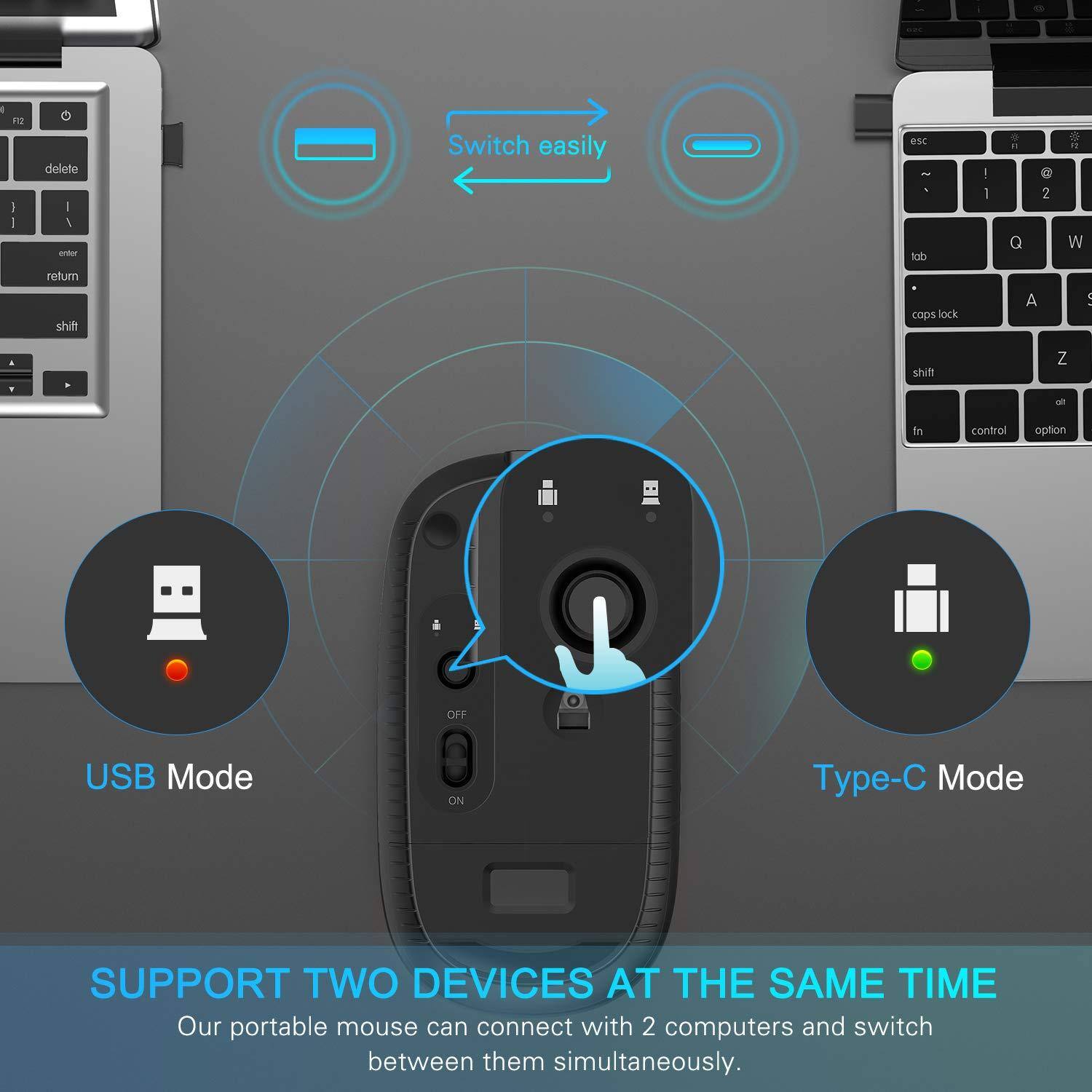 - Switch easily
- USB Mode
- Type-C Mode
- SUPPORT TWO DEVICES AT THE SAME TIME
- Our portable mouse can connect with 2 computers and switch between them simultaneously.