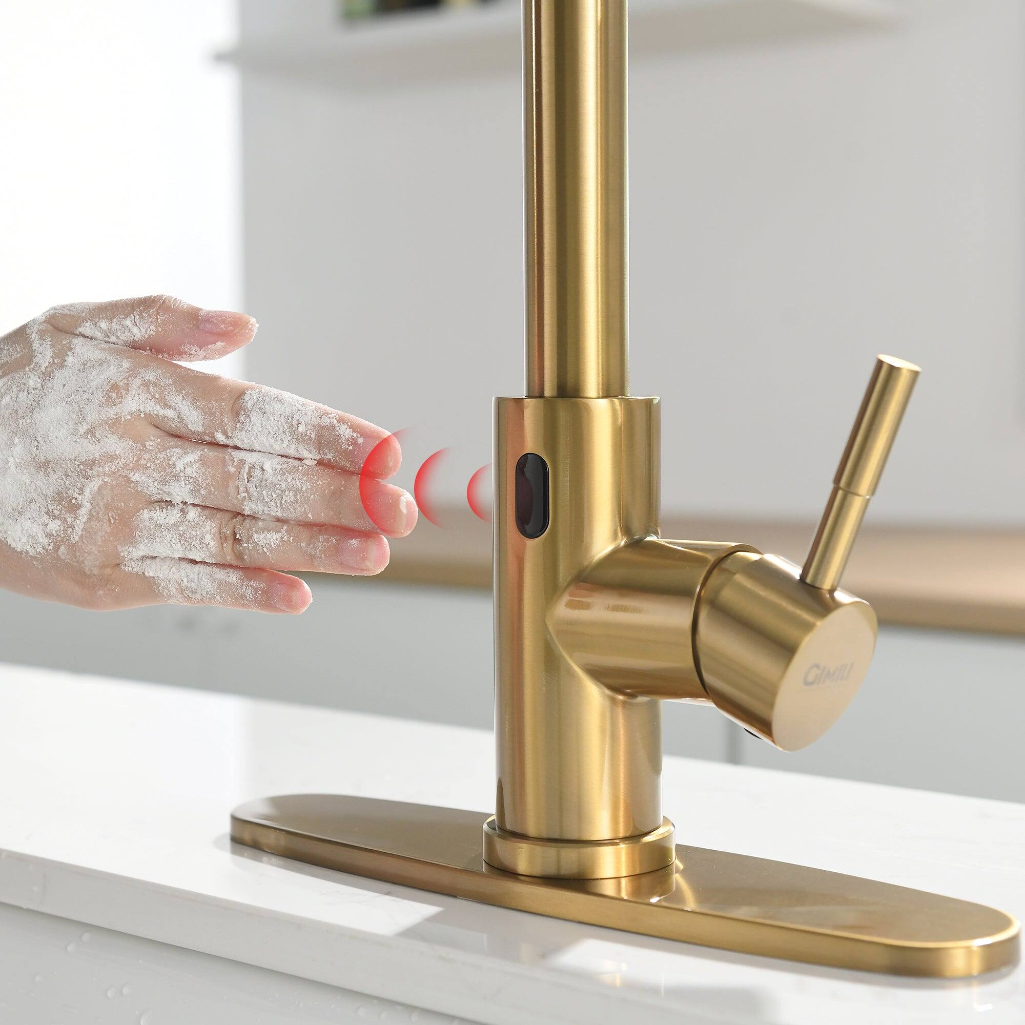 Alt View 7. Boyel Living - Brushed Gold 2 Spray Patterns Single Handle Touchless Pull Down Kitchen Faucet with Deckplate Included - Brushed Gold.