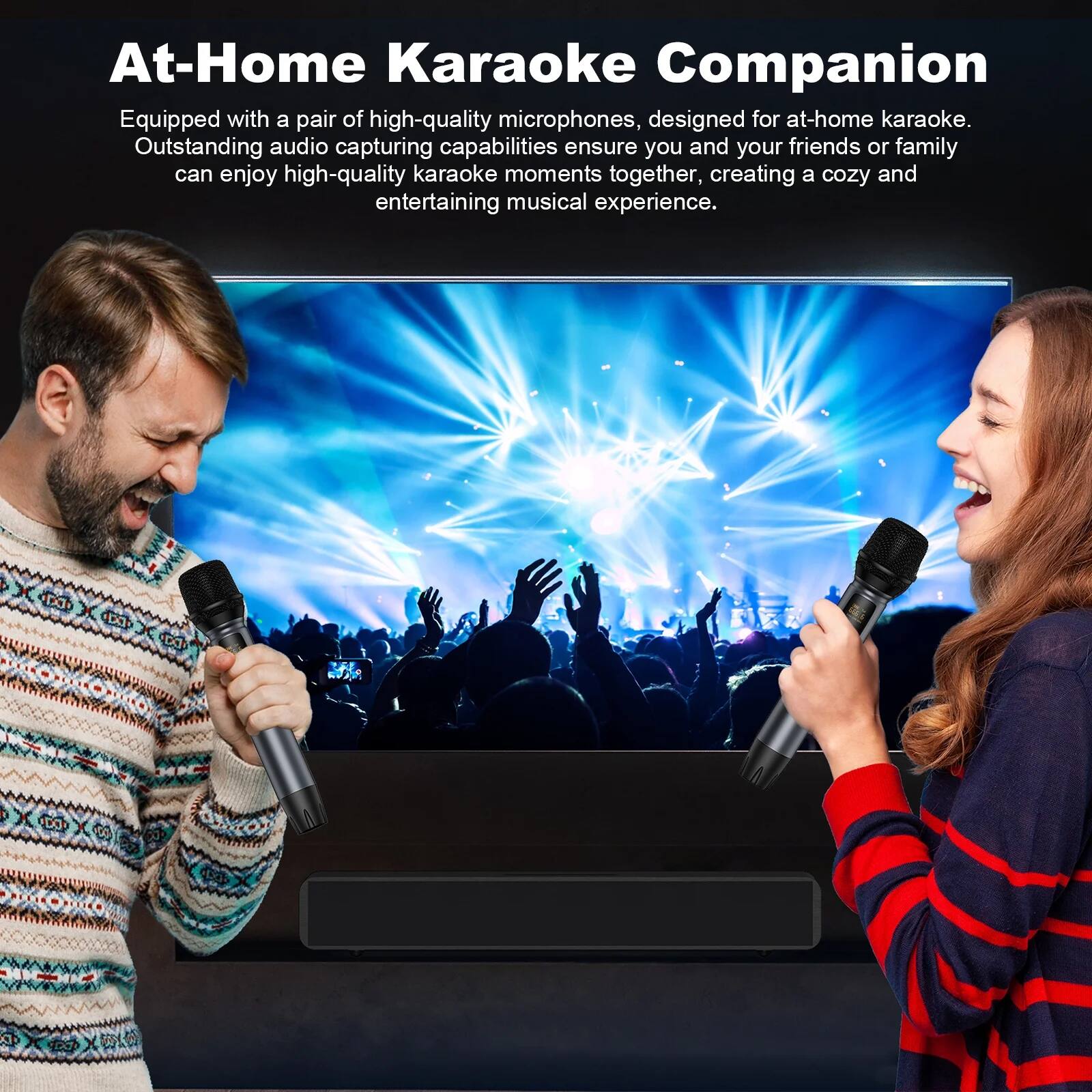 At-Home Karaoke Companion

Equipped with a pair of high-quality microphones, designed for at-home karaoke. Outstanding audio capturing capabilities ensure you and your friends or family can enjoy high-quality karaoke moments together, creating a cozy and entertaining musical experience.