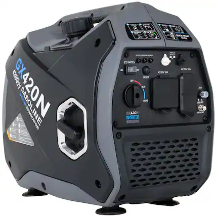 4200W GX4 GX420N GASOLINE INVERTER GENERATOR
- STARTER: LEL ALA OUTRUT CAGUNING LONS ECD
- SWITCH: ON/OFF RESET OFF RUN HOKE
- OUTPUT: 2 420 N INVERTER
- QUICK START CARDE IAALR aan KC
- 20A AC 120V
- ON/OFF GROUND
GX420N
4200W GASOLINE INVERTER GENERATOR
- OUTPUT OVERLOAD LAMP
- ECO SWITCH: ON/OFF
- RESET
- RUN
- HOKE
- AC 120V 20A
- 20A
- 420 INVERTER GENERATOR
- PARALLEL
- QUICK START GUIDE