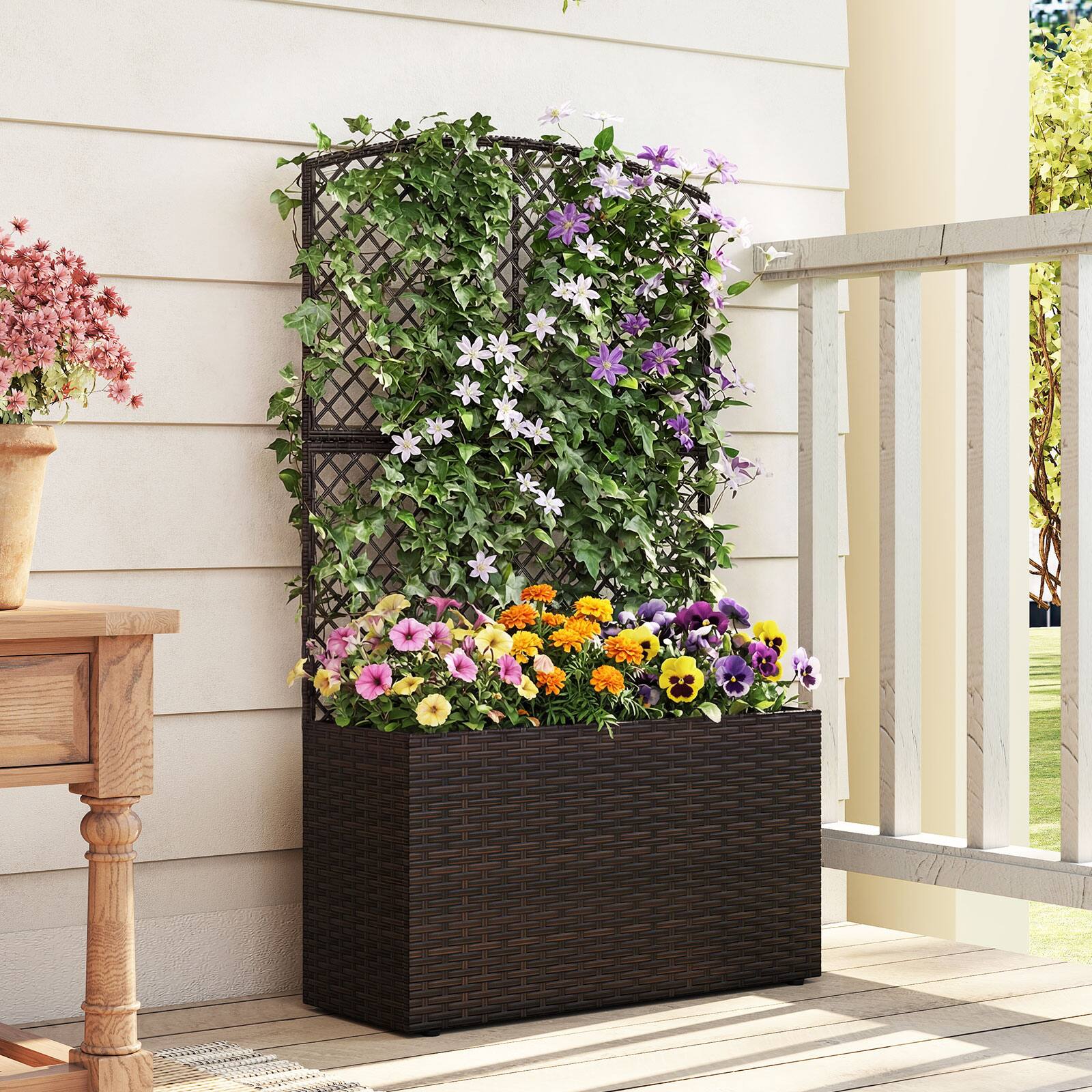 Alt View 1. Gymax - Gymax 49'' Raised Garden Bed w/ Trellis Wicker Planter Box w/ Privacy Screen Brown - Brown.