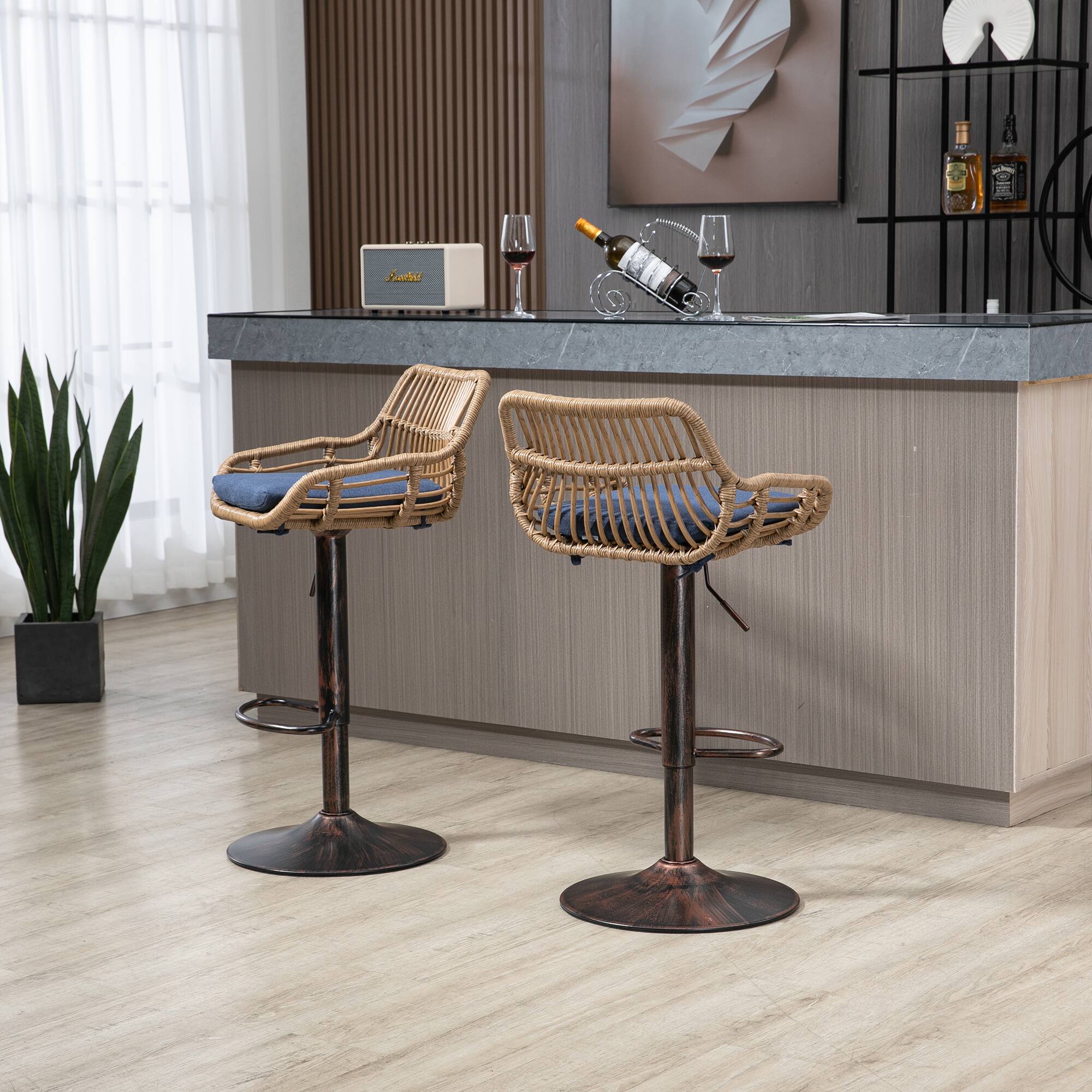 Back. Trinkets Crazed - Rattan Bar Stools Set of 2, Adjustable Barstools with Linen Cushion, 360° Swivel Bar Stool for Kitchen and Bar - Blue.