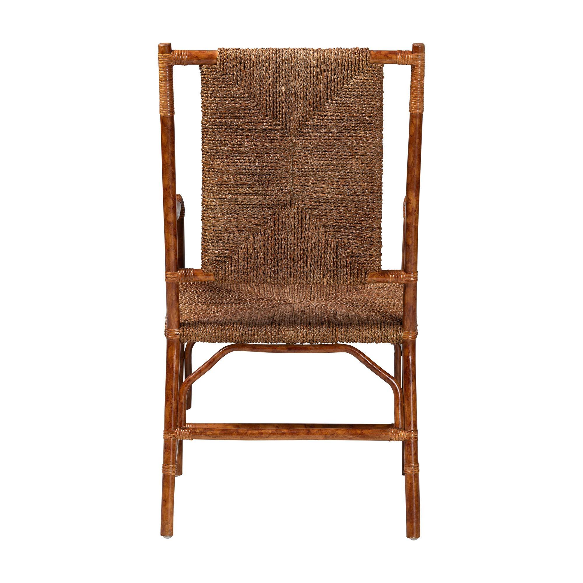 Back. bali & pari - Ramos Marbled Tortoise Natural Rattan and Seagrass Armchair - Handwoven Wicker Chair, Rustic Boho Accent Seating - Marbled Tortoise Brown/Natural Brown.
