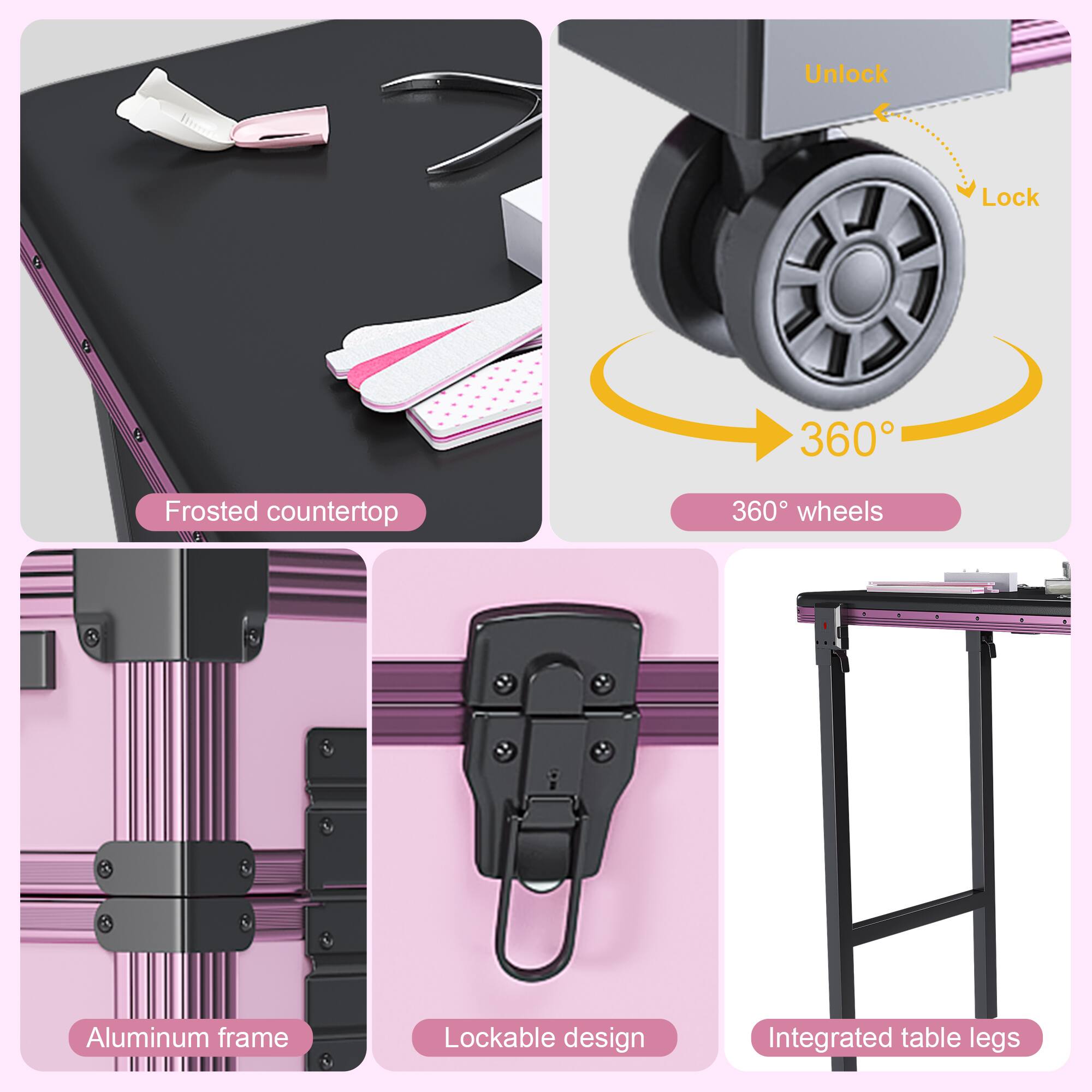 - Frosted countertop
- 360° wheels
- Aluminum frame
- Lockable design
- Integrated table legs