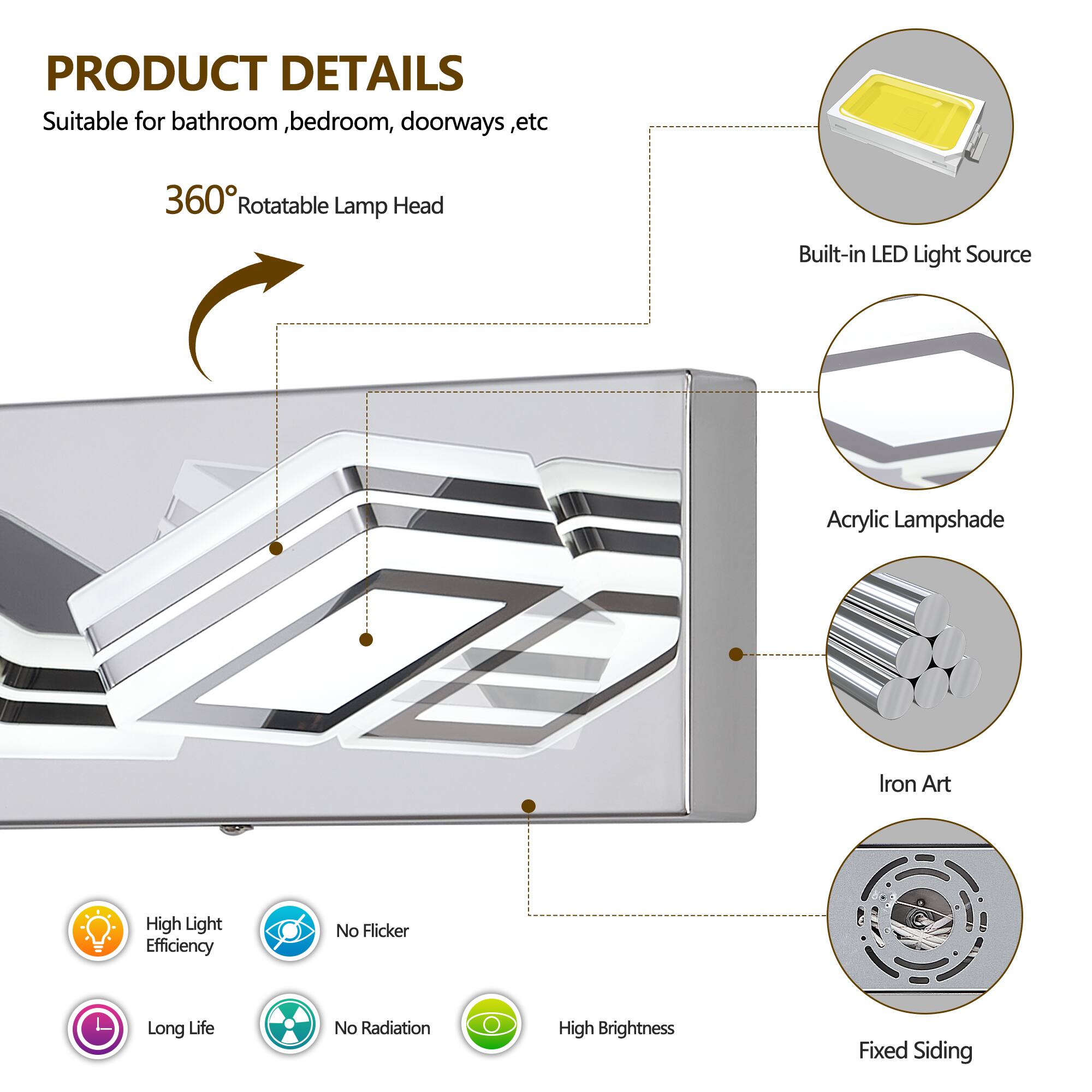 PRODUCT DETAILS  
Suitable for bathroom, bedroom, doorways, etc.

- 360° Rotatable Lamp Head
- Built-in LED Light Source
- Acrylic Lampshade
- Iron Art
- High Light Efficiency
- No Flicker
- Long Life
- No Radiation
- High Brightness
- Fixed Siding