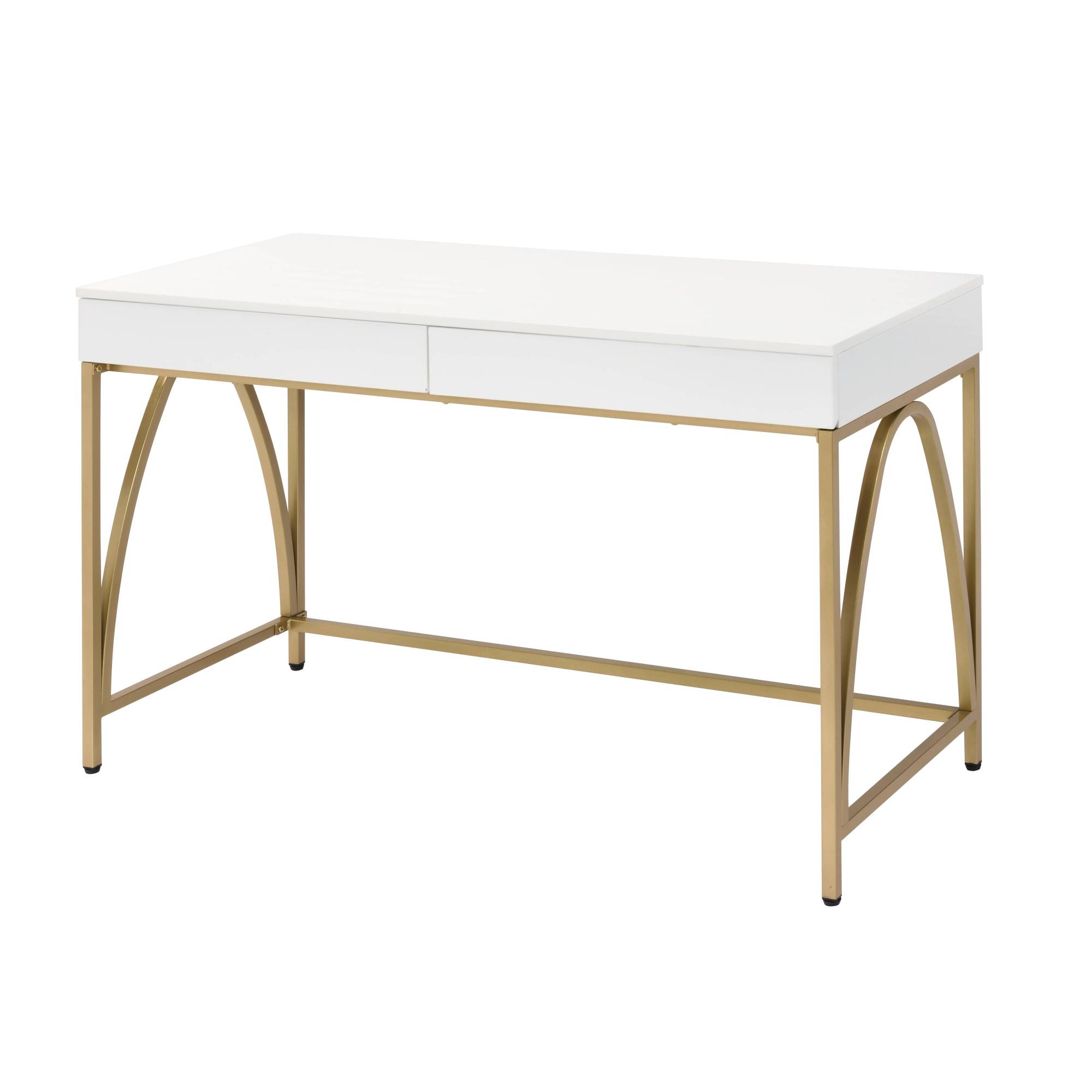GOODSILO - Contemporary Writing Desk with Metal Legs and Dual Storage Drawers for Home Office - Gold+White