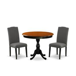 East West Furniture - 3-Pc Wooden Dining Set Includes a Wood Table and 2 Dark Gotham Grey Linen Fabric Kitchen Chairs - Multi-Color
