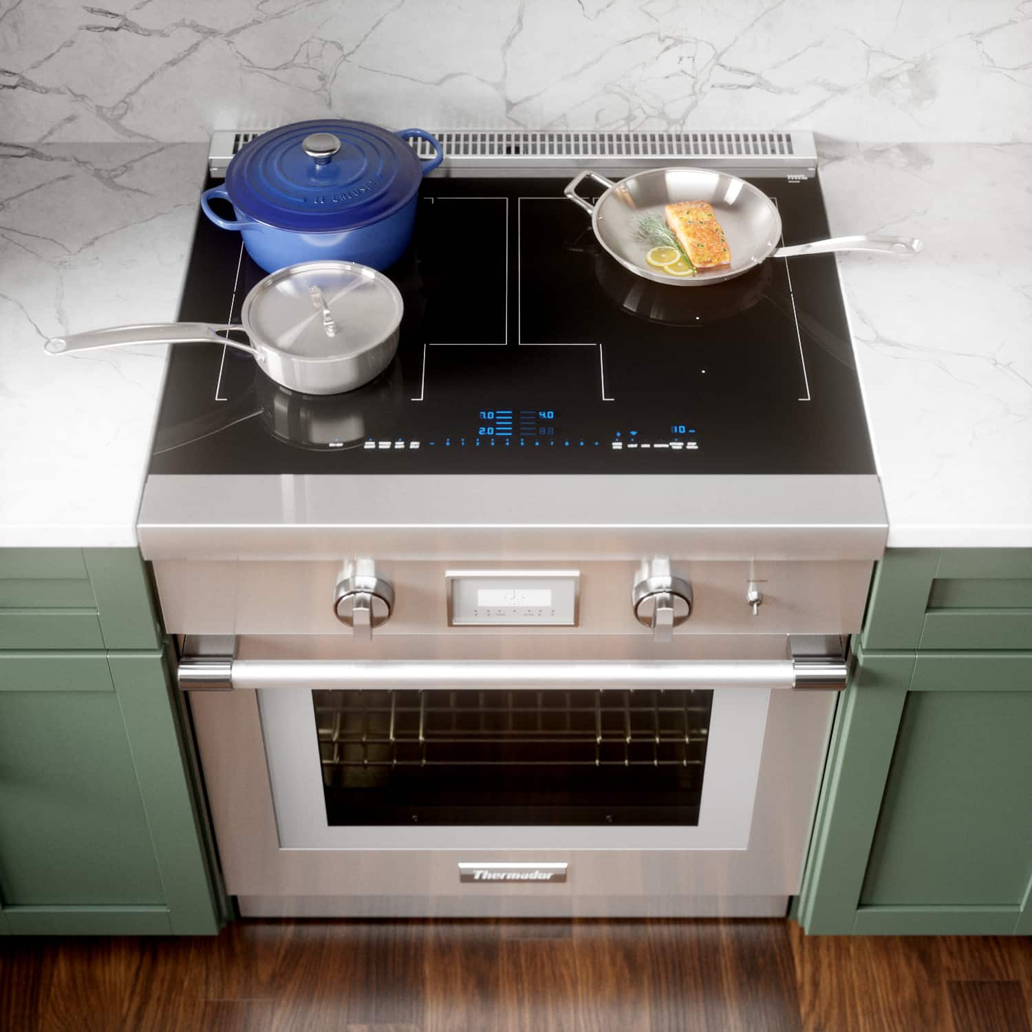The image features a stainless steel stove with a blue pot on the burner. The stove has a digital display and a timer, indicating that it is a modern and advanced appliance. The stove is placed on a wooden floor, adding a touch of warmth and elegance to the kitchen. The stove is likely a Thermador brand, known for its high-quality and sophisticated appliances.