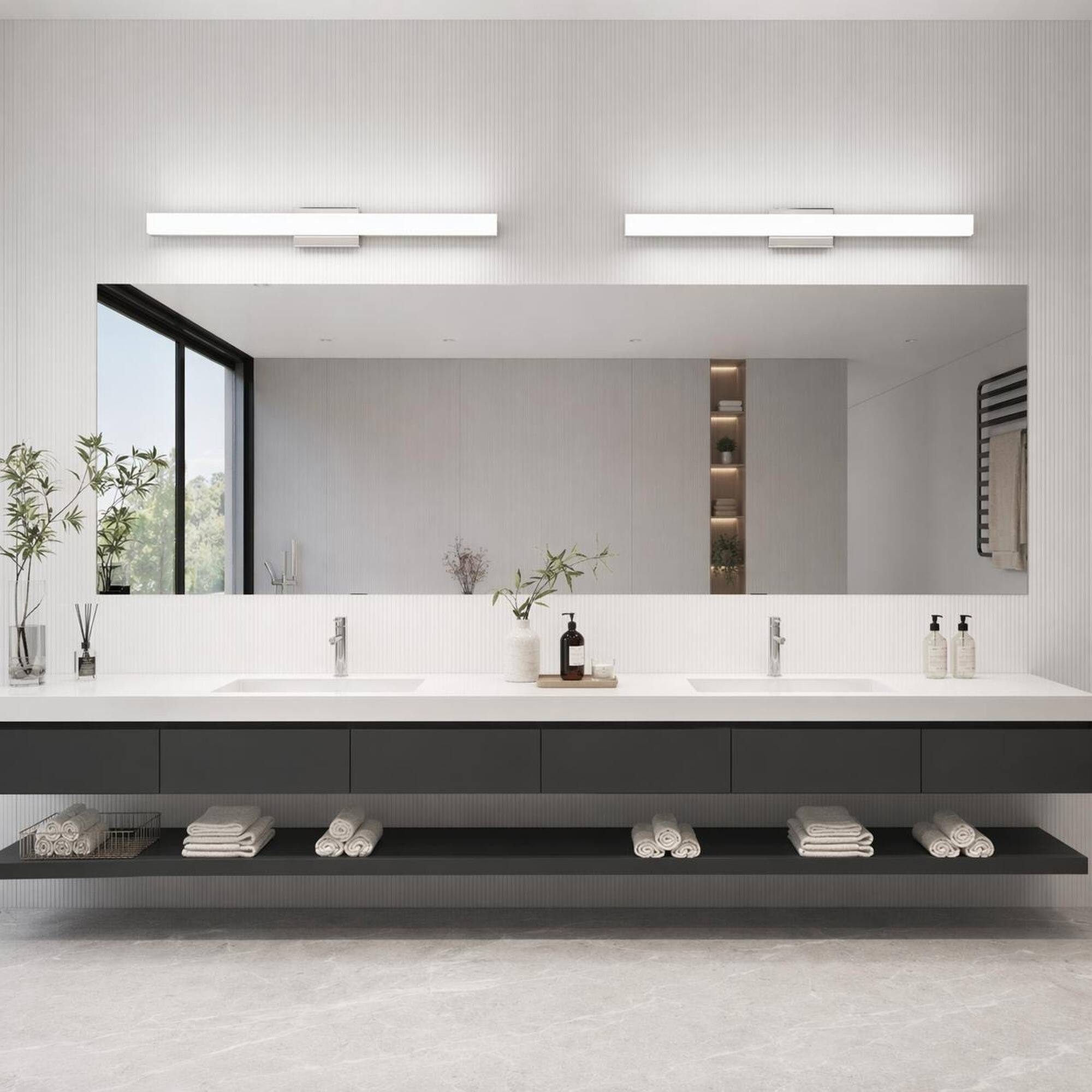Angle. RYHNUYNE - 41-Inch Brushed Nickel LED Bathroom Vanity Light, 24W Cool White 6000K, Modern Square Wall Fixture for Mirror.