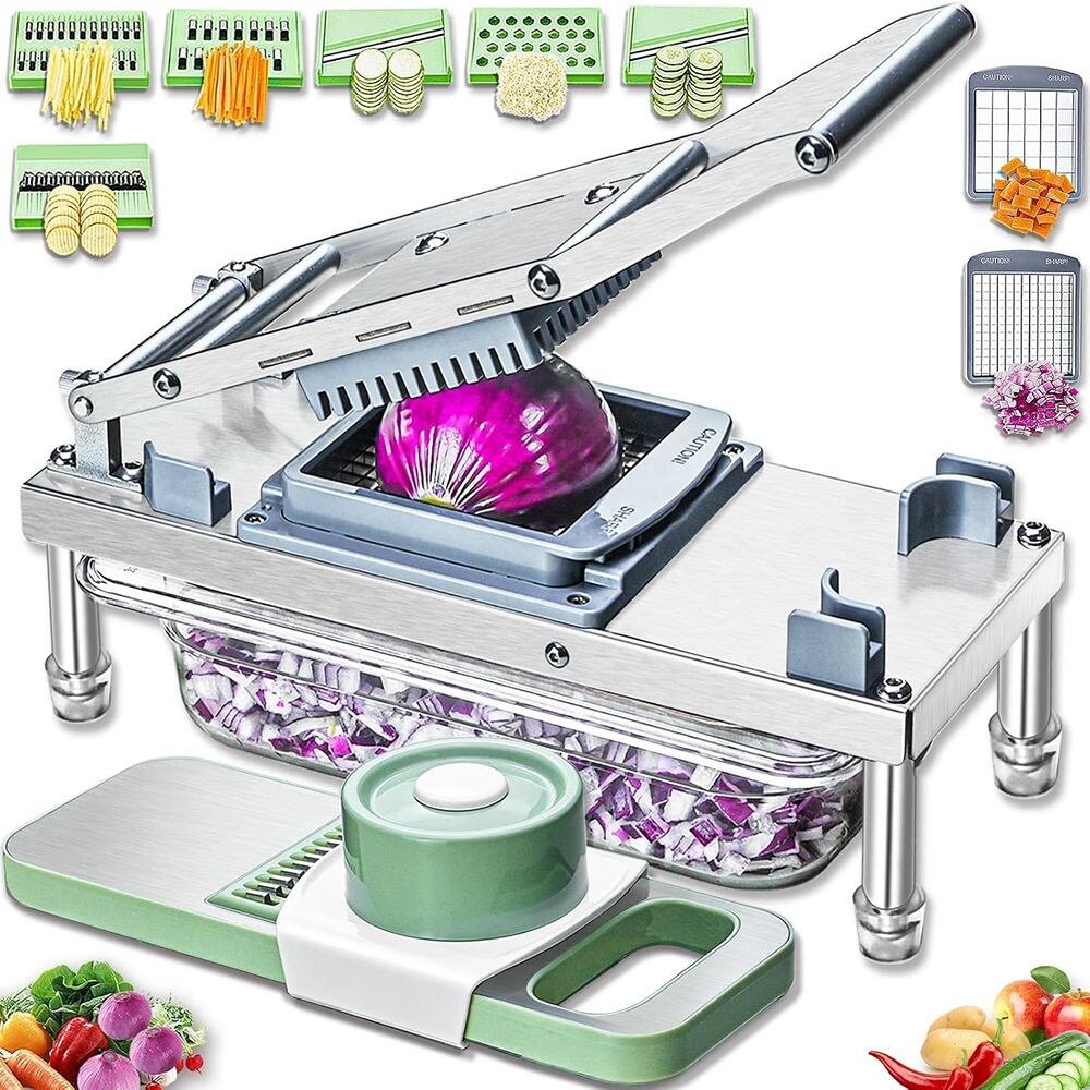 PARKER SLATER - Stainless Steel Vegetable Chopper with 8 Blades, Onion Dicer, Food Cutter, Grater, Mandoline Slicer with Container - Light Green
