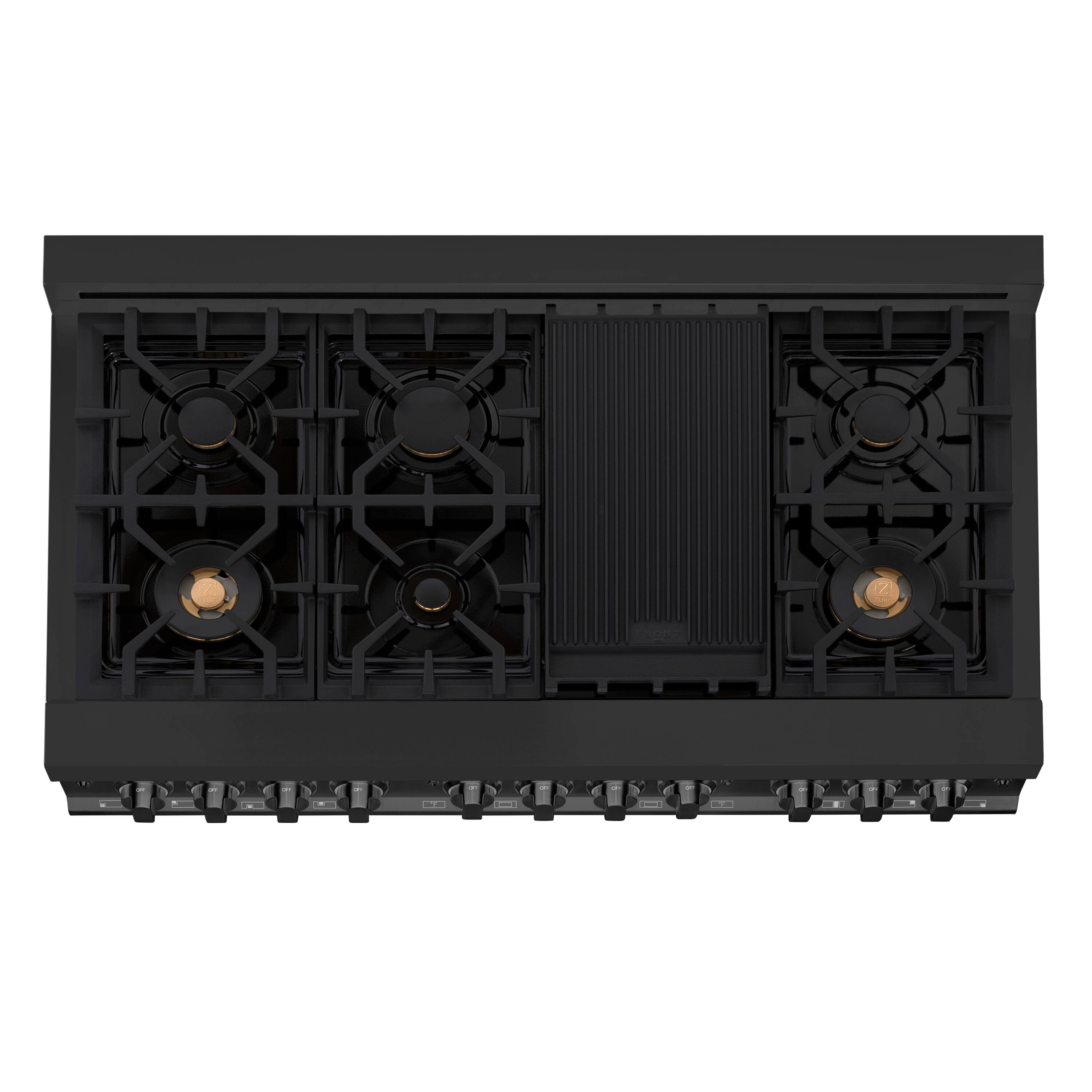 Alt View 9. ZLINE - 48 in. 6.0 cu. ft. Freestanding Legacy Dual Fuel Range with Gas Cooktop and 2 Ovens in Black Steel & 6 Brass Burners - Multicolor.