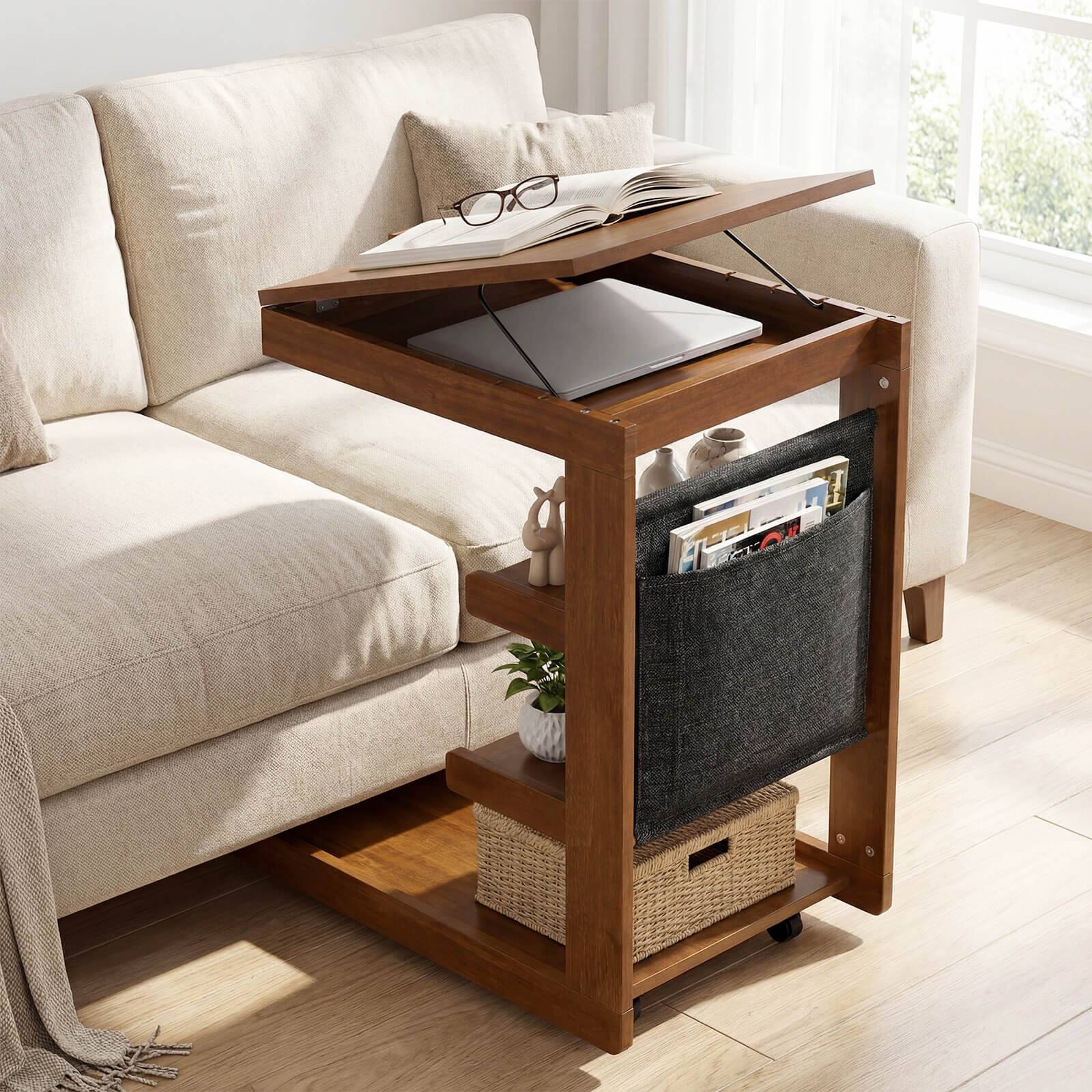 Alt View 1. Costway - Costway 1 PCS C-shaped End Table with Wheels, Adjustable Desktop, Edge Stopper, Storage Pocket - Brown.
