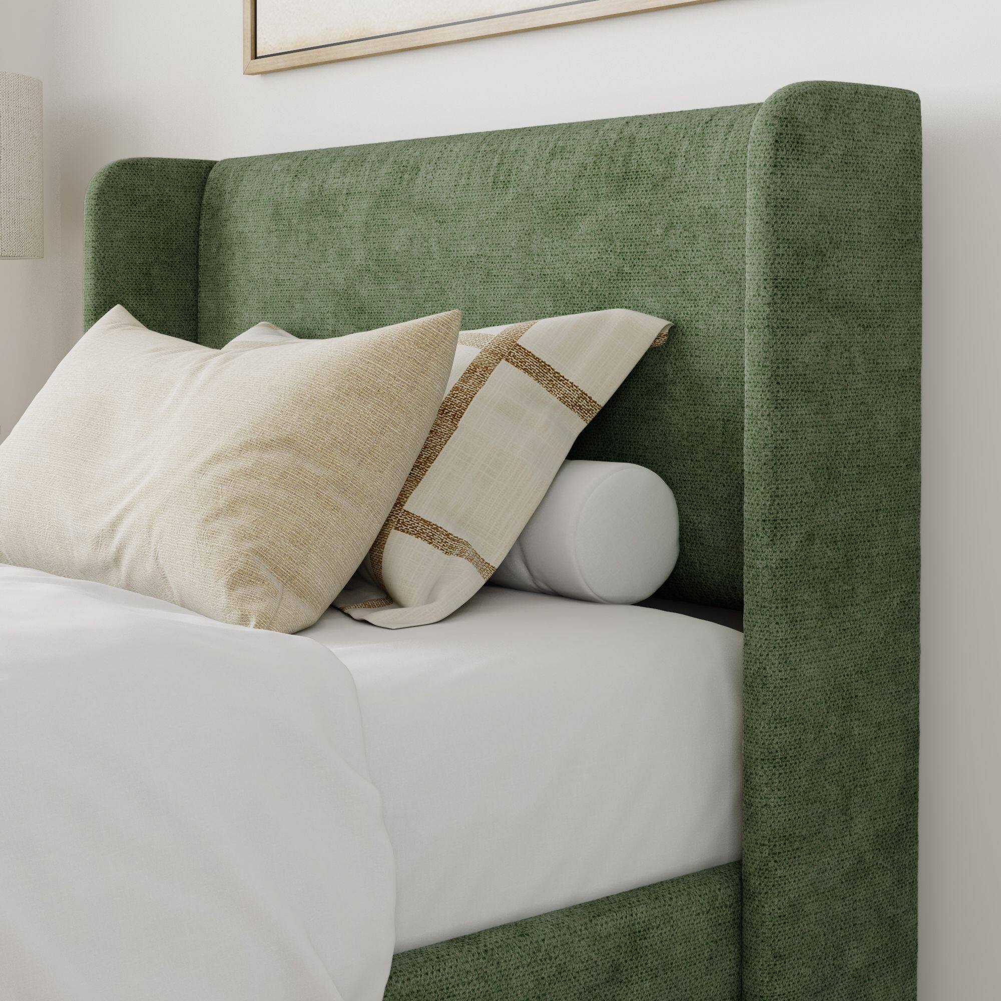 Alt View 4. Plank+Beam - Upholstered Bed with Rectangular Headboard (Twin), Green - Green.