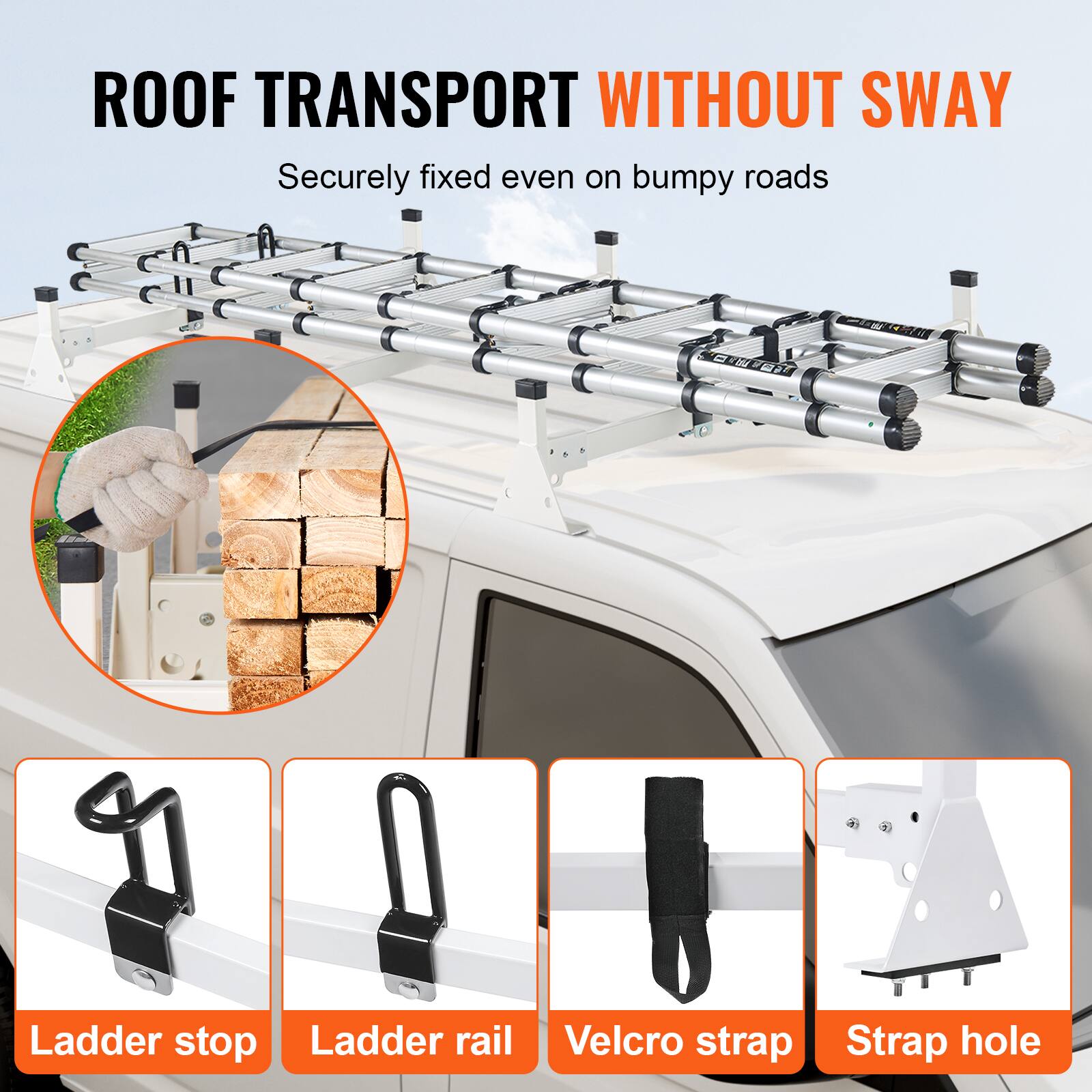 ROOF TRANSPORT WITHOUT SWAY  
Securely fixed even on bumpy roads  

Ladder stop  
Ladder rail  
Velcro strap  
Strap hole